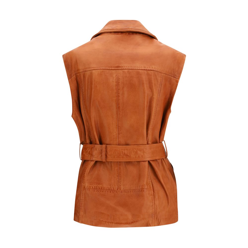 PINKO Brown Goatskin Sleeveless Women's Jacket
