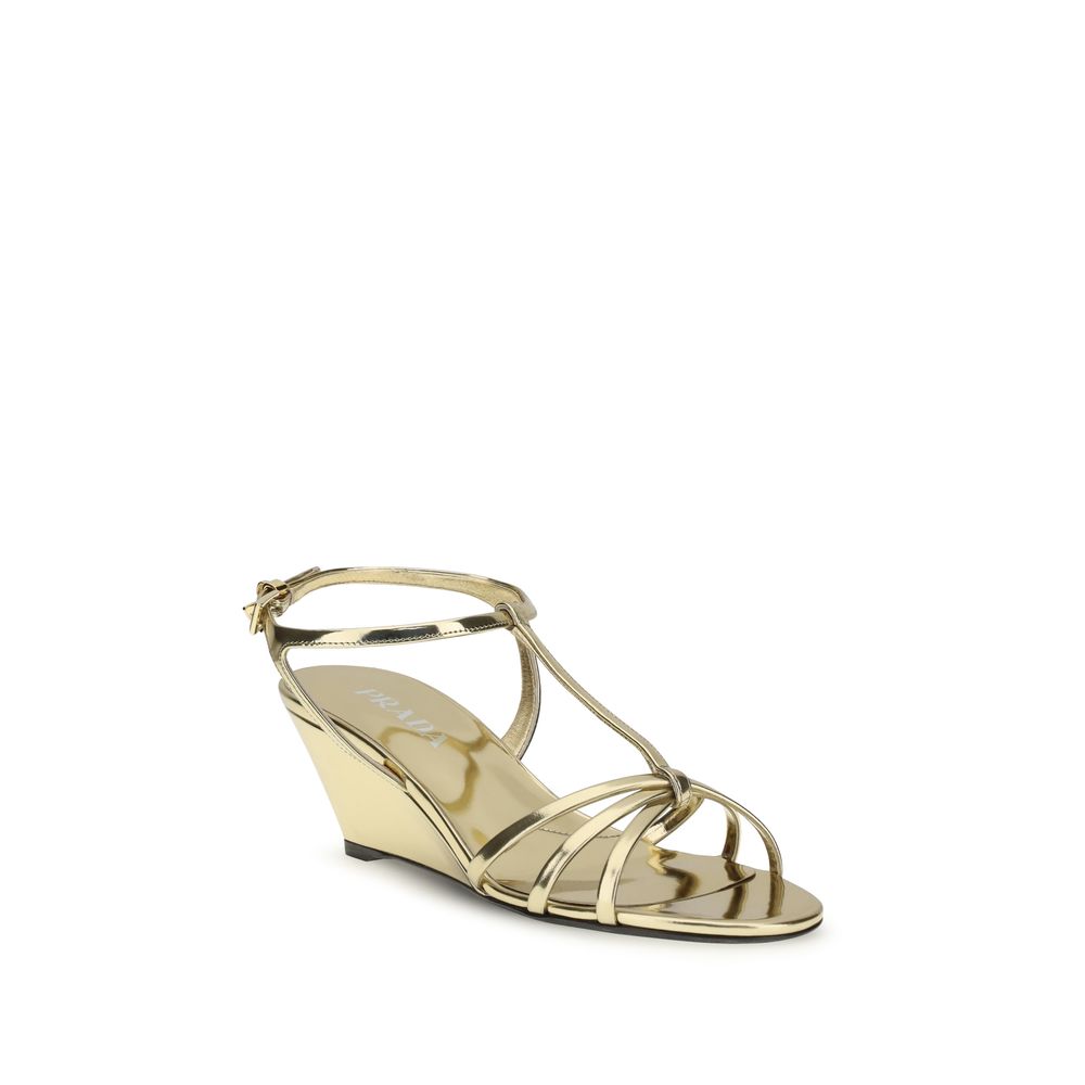 Prada Gold Calf Leather Bos Taurus Wedge Women's Sandals