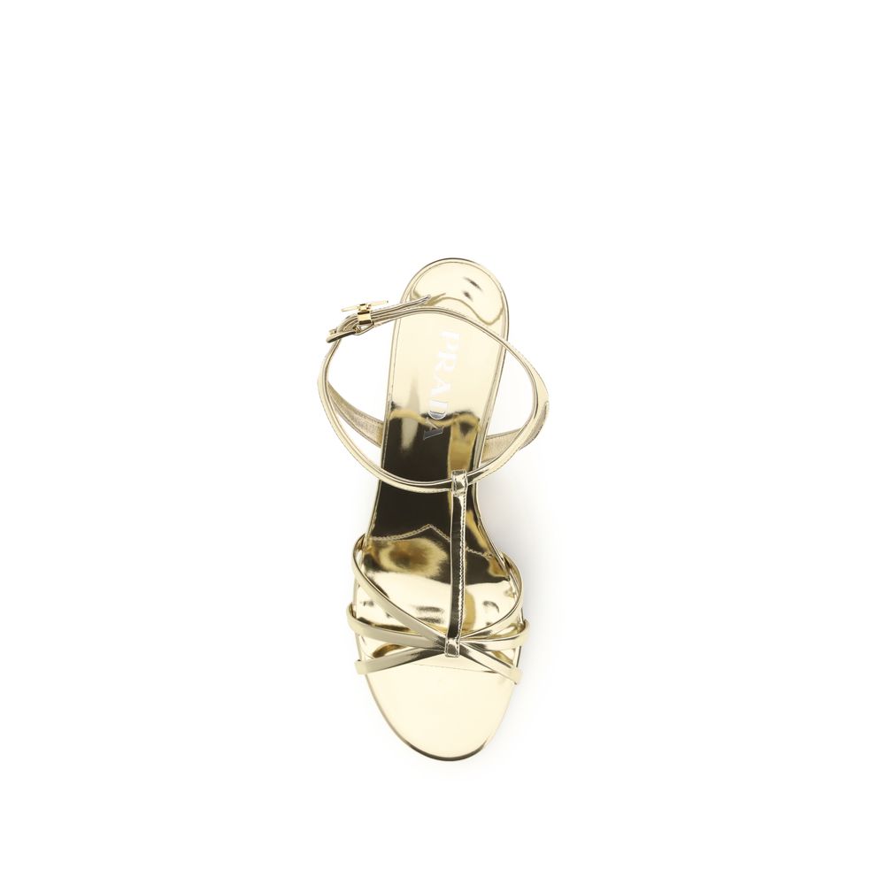 Prada Gold Calf Leather Bos Taurus Wedge Women's Sandals