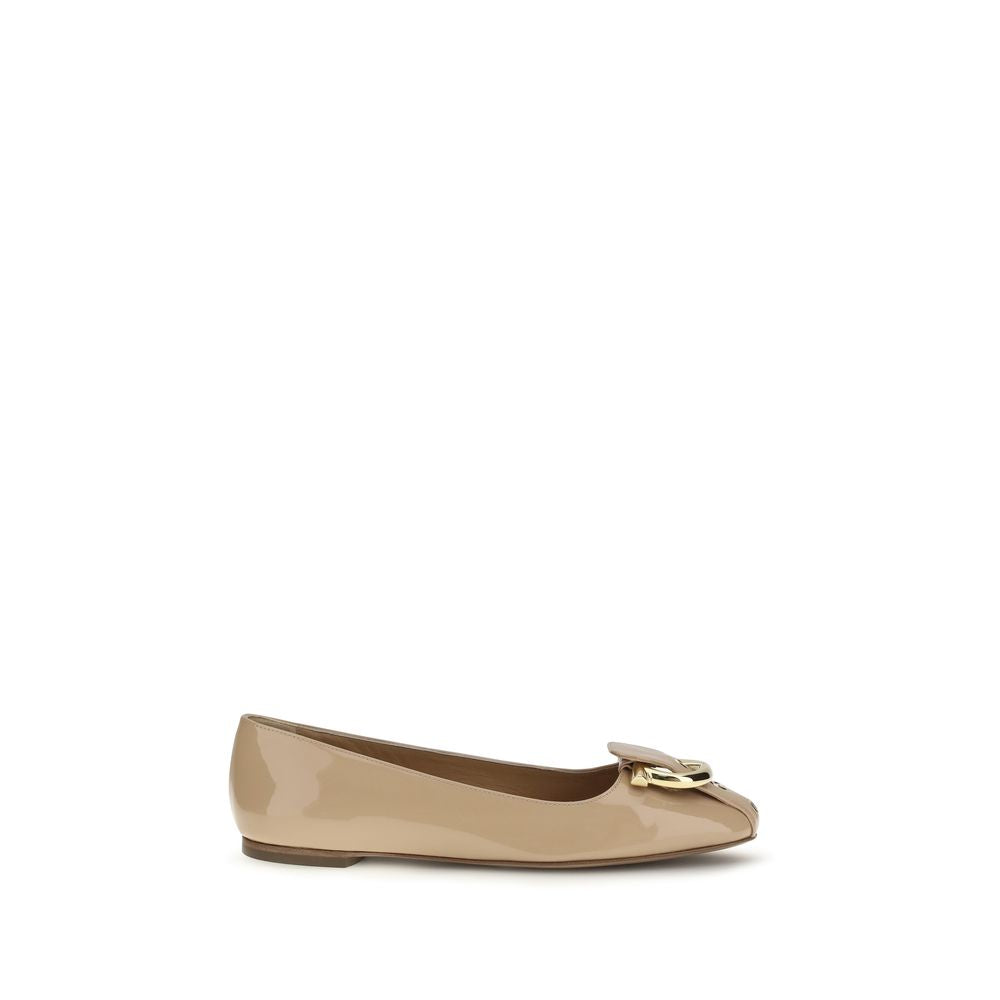 Ferragamo Beige Calf Leather Bos Taurus Ballet Women's Flats