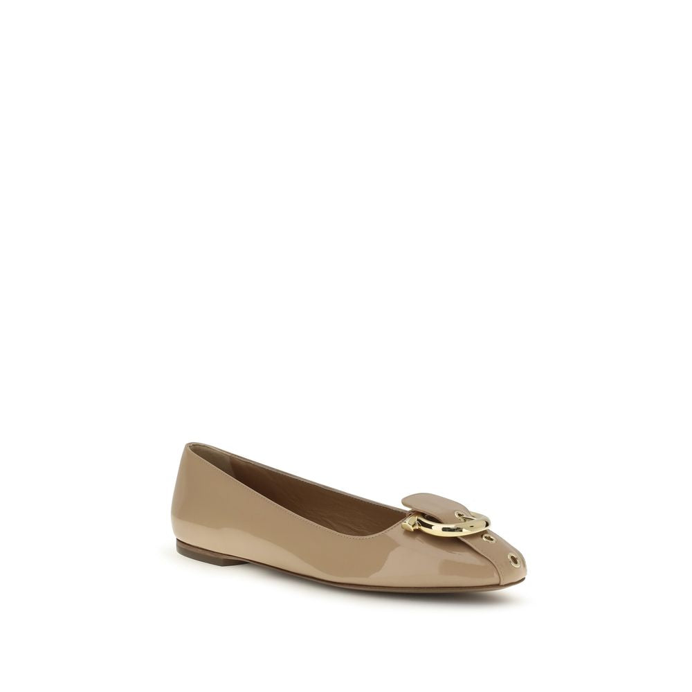 Ferragamo Beige Calf Leather Bos Taurus Ballet Women's Flats