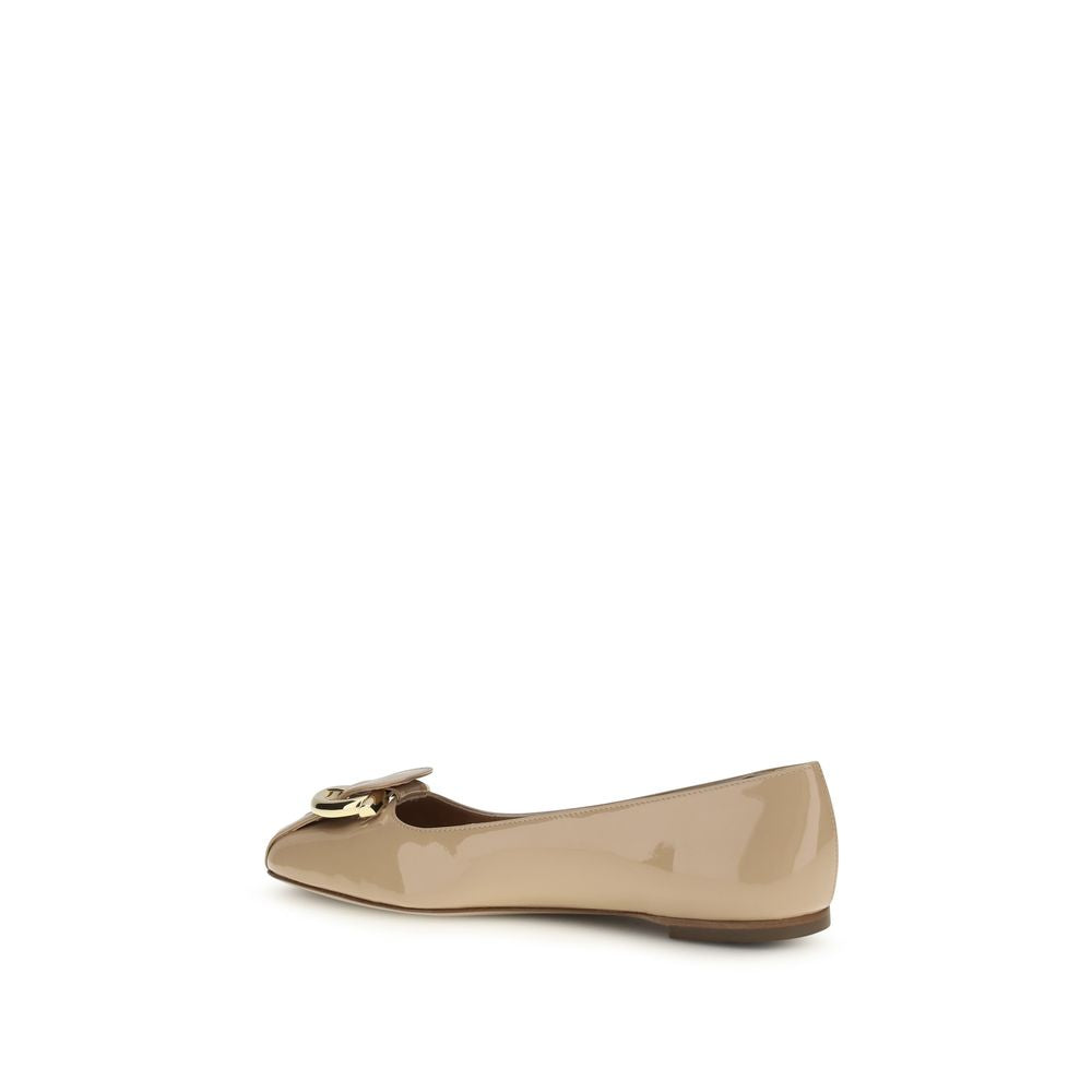Ferragamo Beige Calf Leather Bos Taurus Ballet Women's Flats