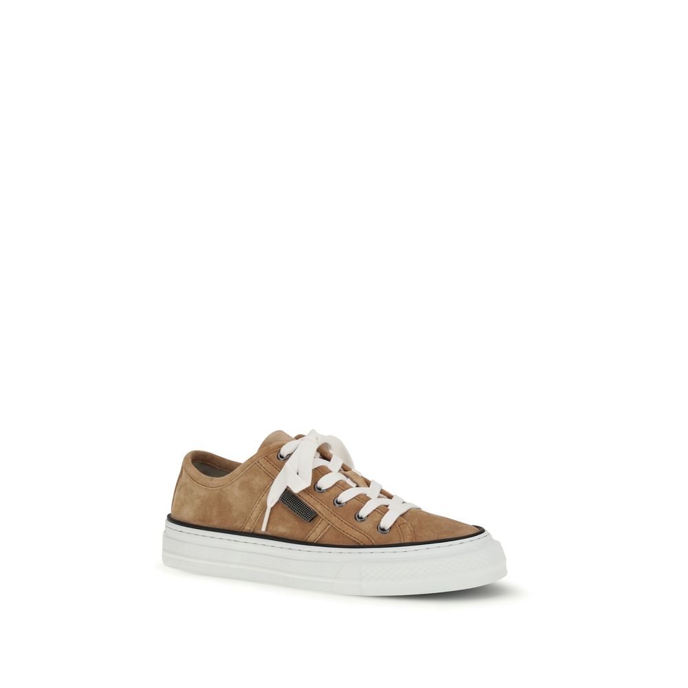 Brunello Cucinelli Beige Calf Leather Bos Taurus Low Top Women's Sneakers