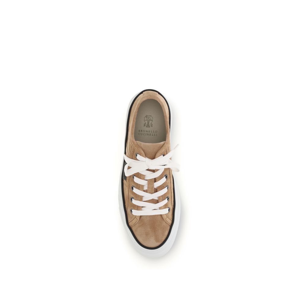 Brunello Cucinelli Beige Calf Leather Bos Taurus Low Top Women's Sneakers