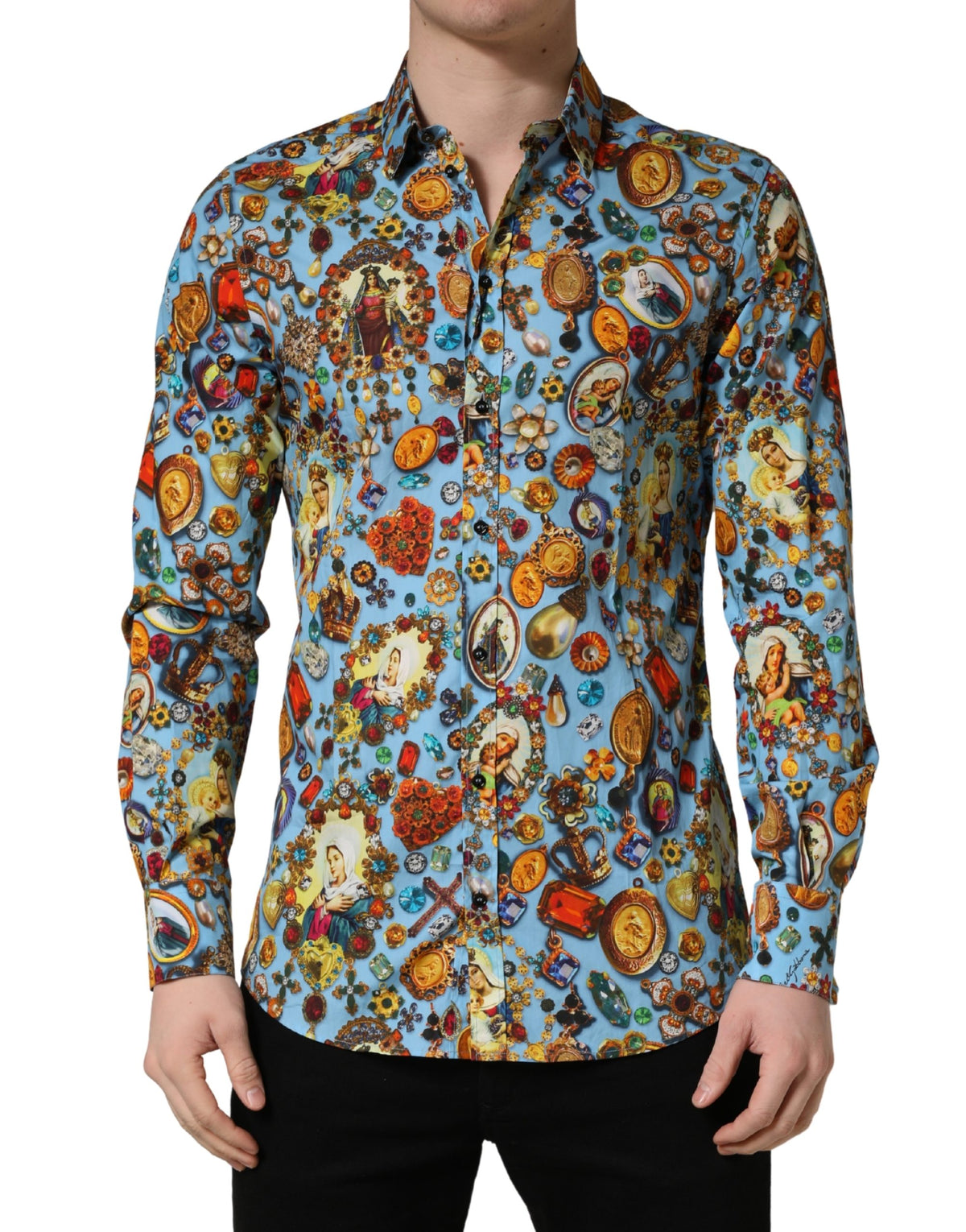 Dolce & Gabbana Blue Cotton Jewel Print Button Down GOLD Men's Shirt