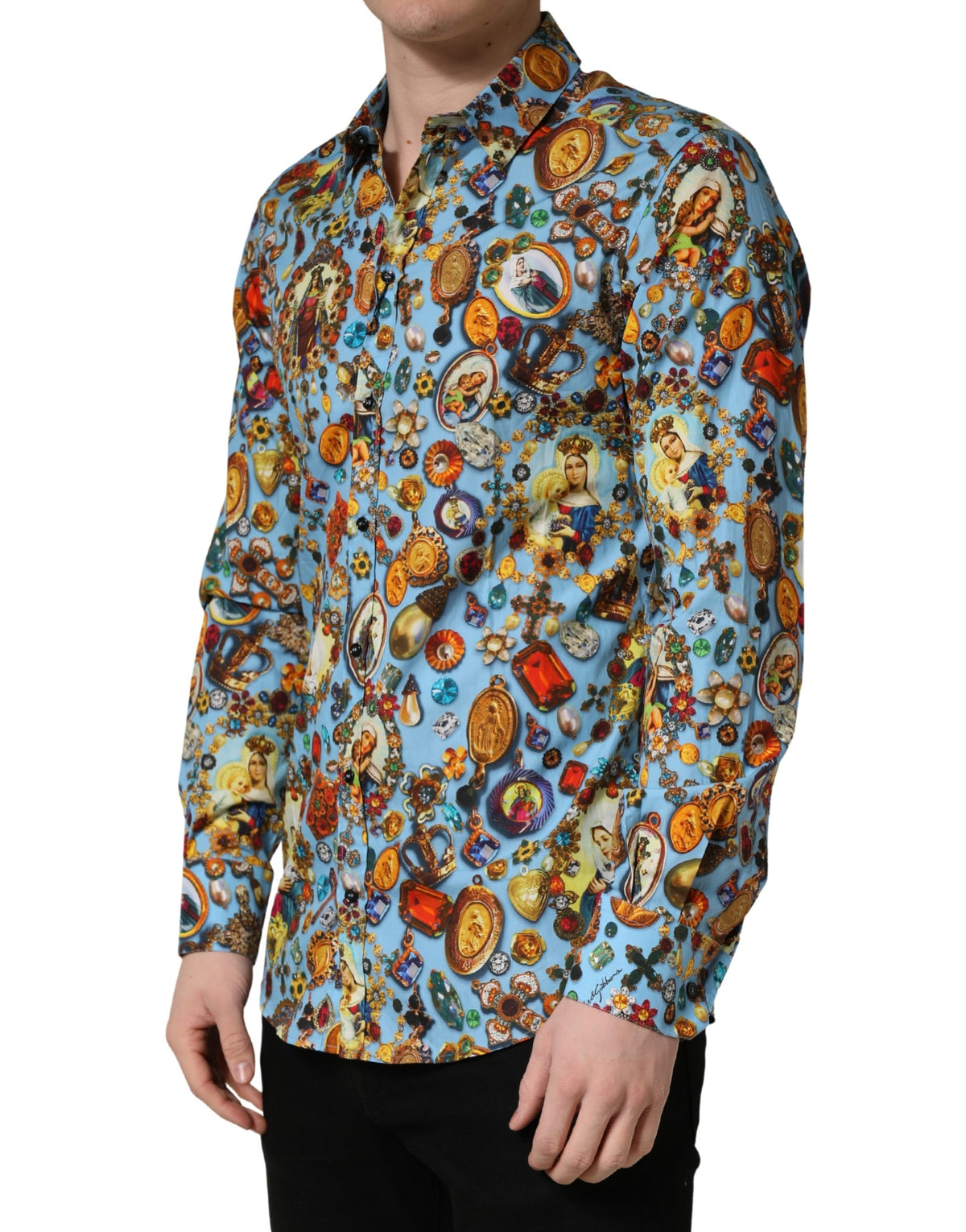 Dolce & Gabbana Blue Cotton Jewel Print Button Down GOLD Men's Shirt
