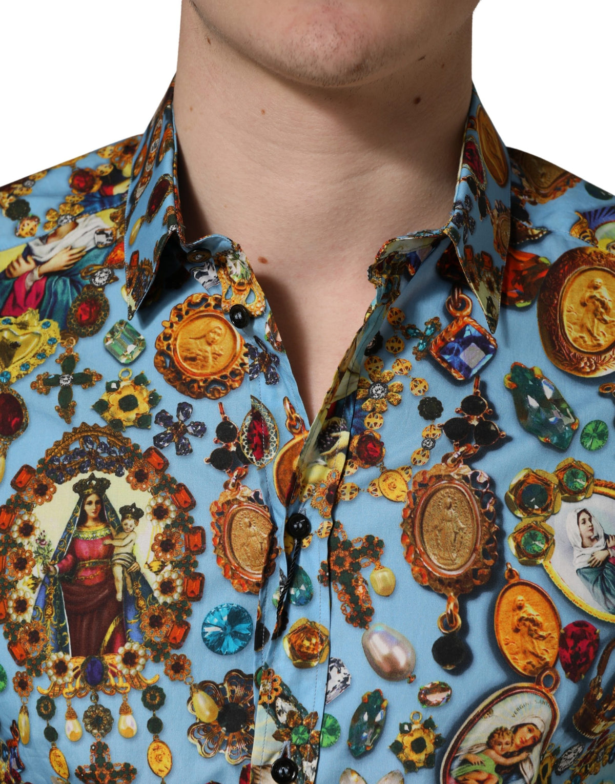 Dolce & Gabbana Blue Cotton Jewel Print Button Down GOLD Men's Shirt