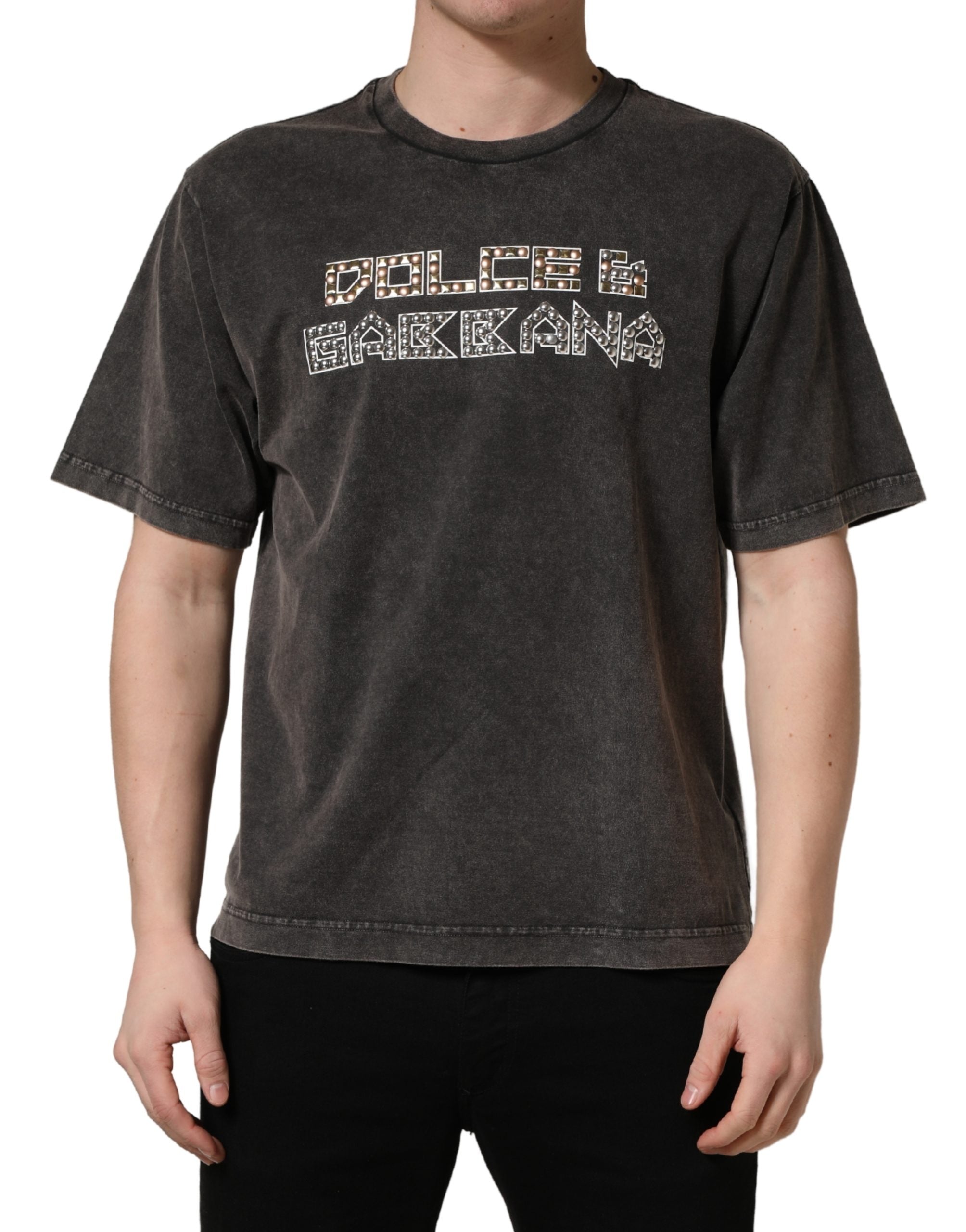 Dolce & Gabbana Gray Logo Embellished Men Crew Neck Men's T-shirt