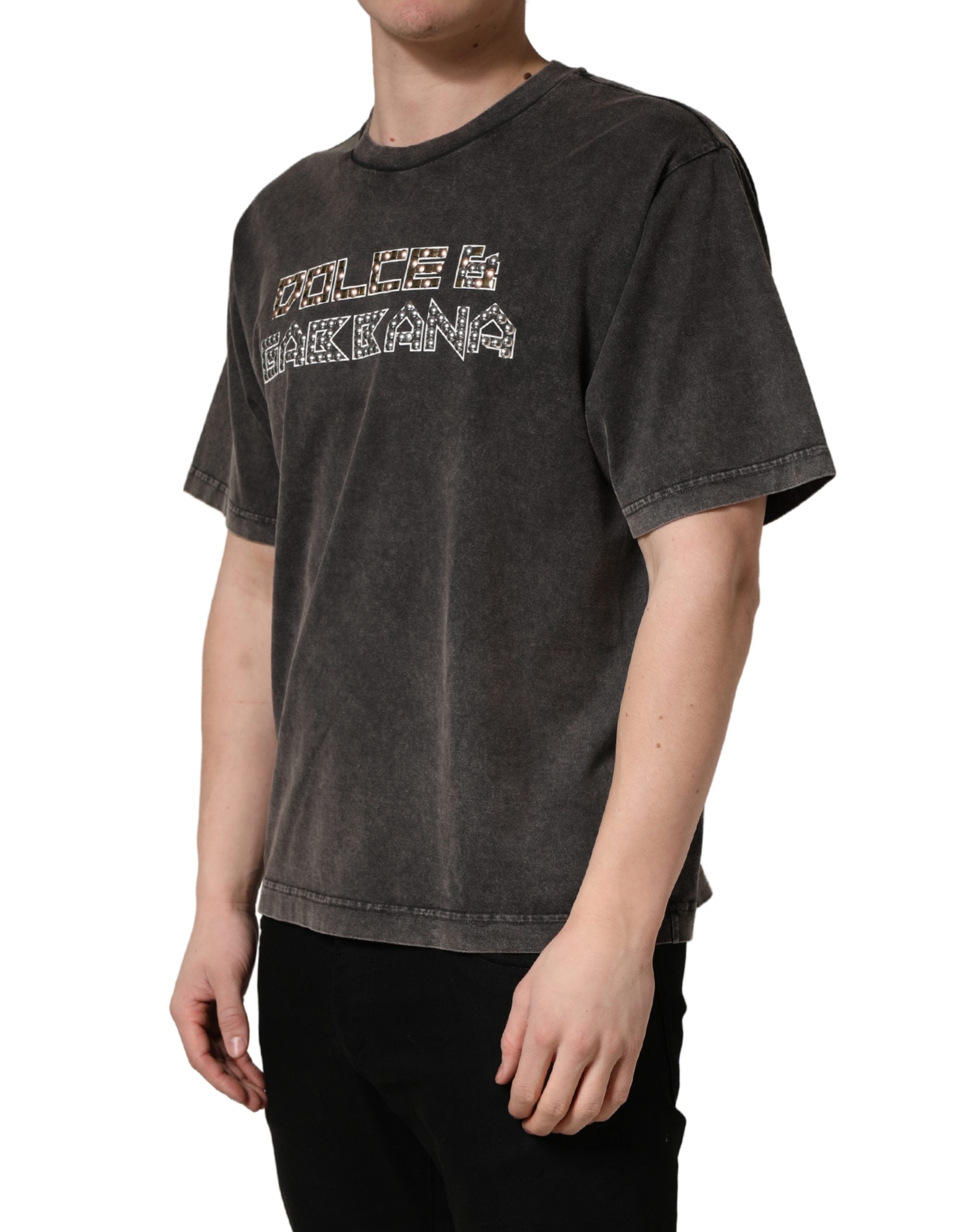 Dolce & Gabbana Gray Logo Embellished Men Crew Neck Men's T-shirt