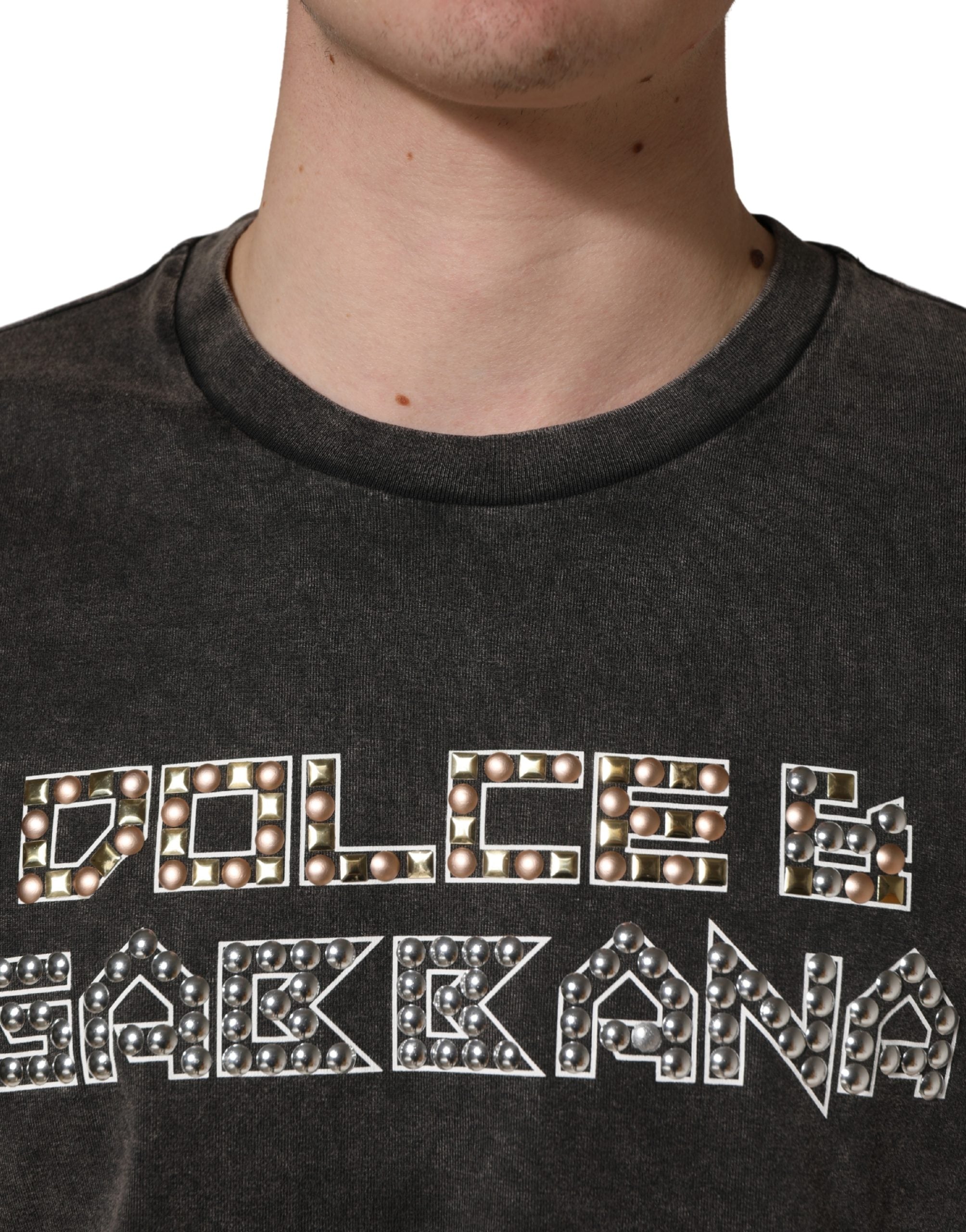 Dolce & Gabbana Gray Logo Embellished Men Crew Neck Men's T-shirt