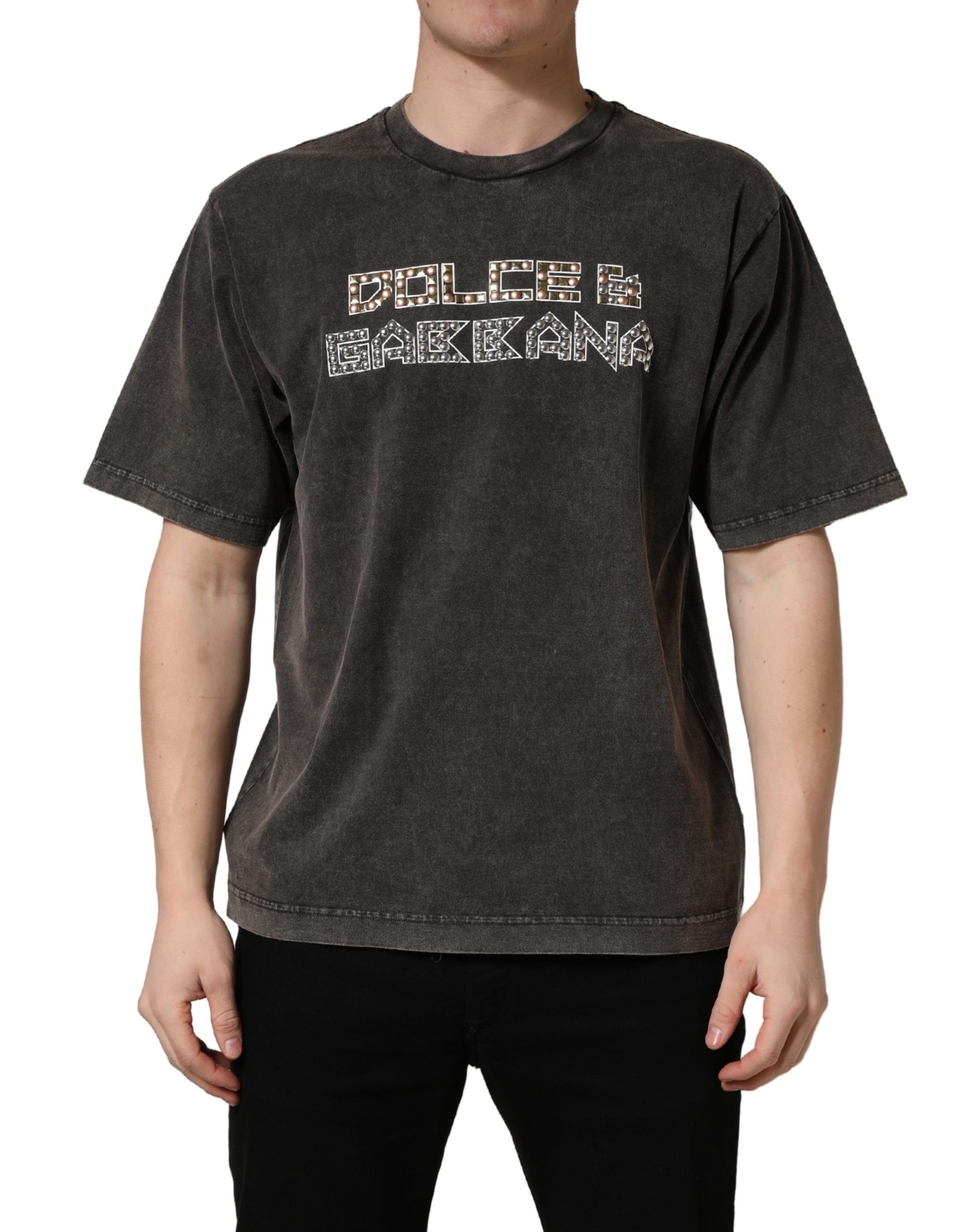 Dolce & Gabbana Gray Logo Embellished Men Crew Neck Men's T-shirt (Pre-Owned)