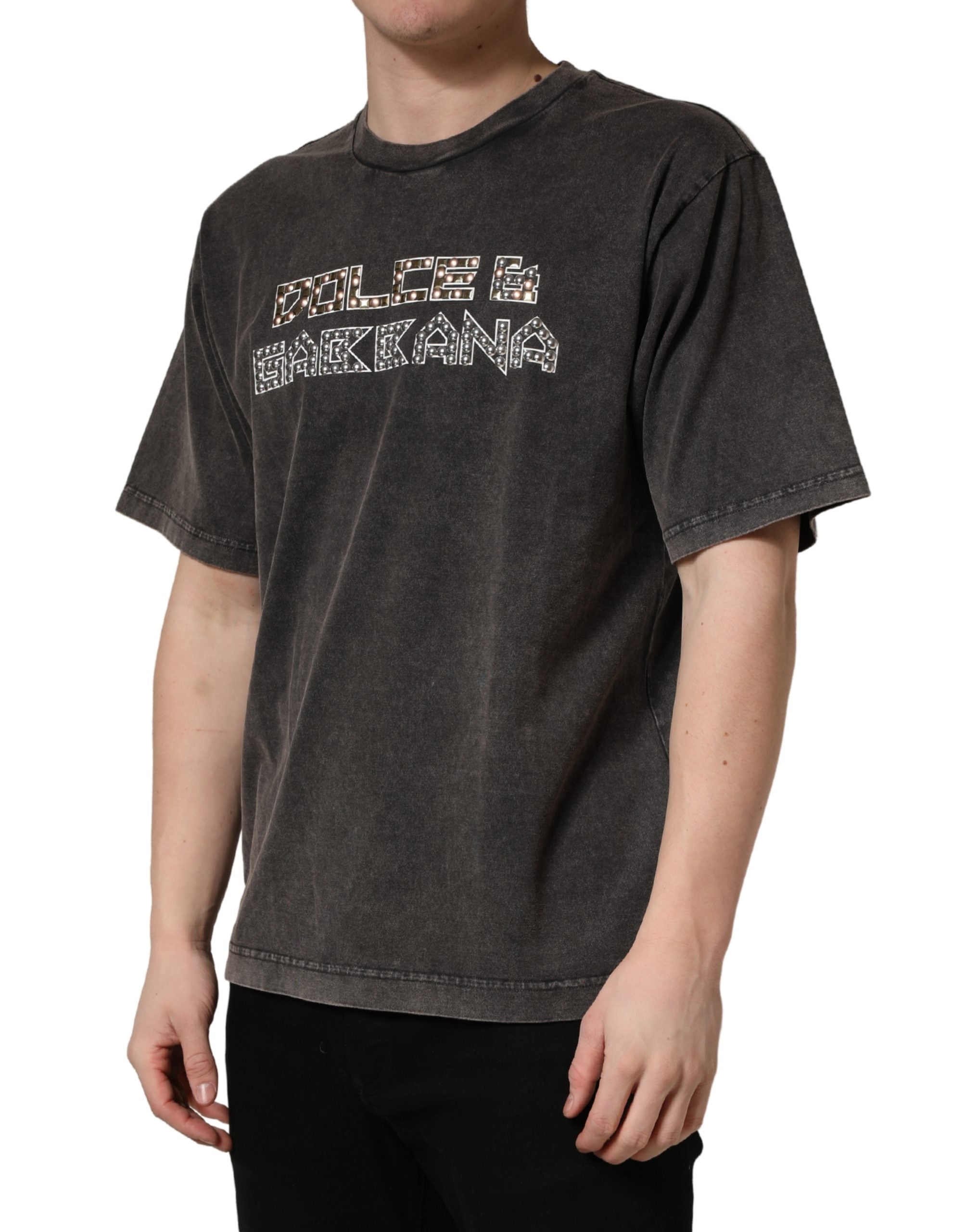 Dolce & Gabbana Gray Logo Embellished Men Crew Neck Men's T-shirt (Pre-Owned)
