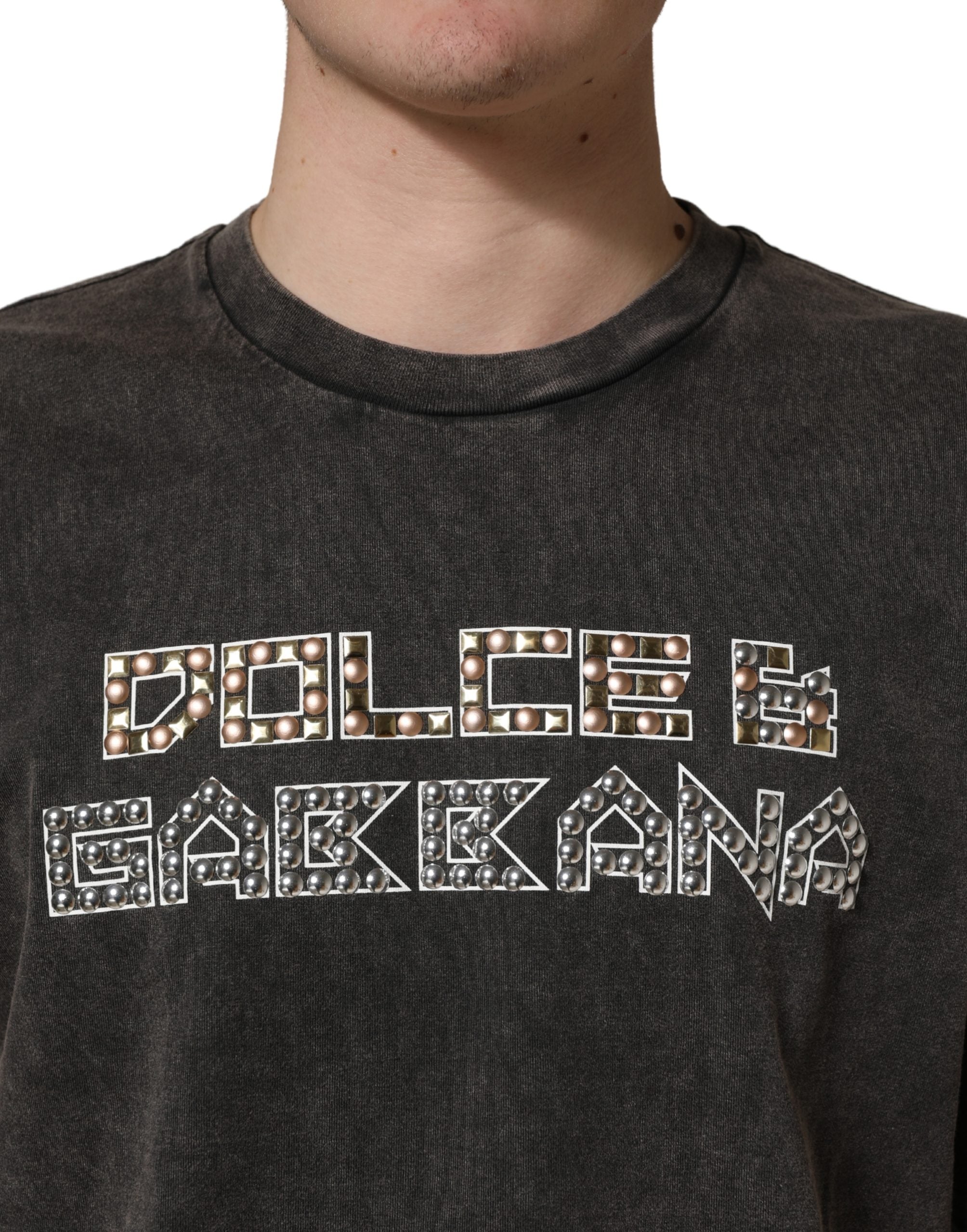 Dolce & Gabbana Gray Logo Embellished Men Crew Neck Men's T-shirt (Pre-Owned)