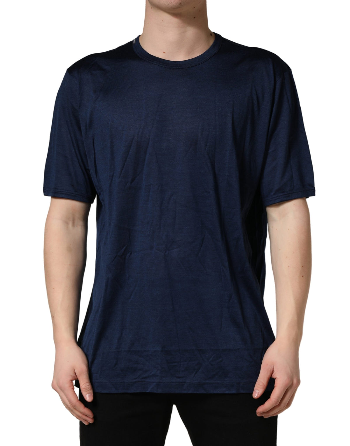 Dolce & Gabbana Dark Blue Silk Short Sleeve CrewNeck Men's T-shirt