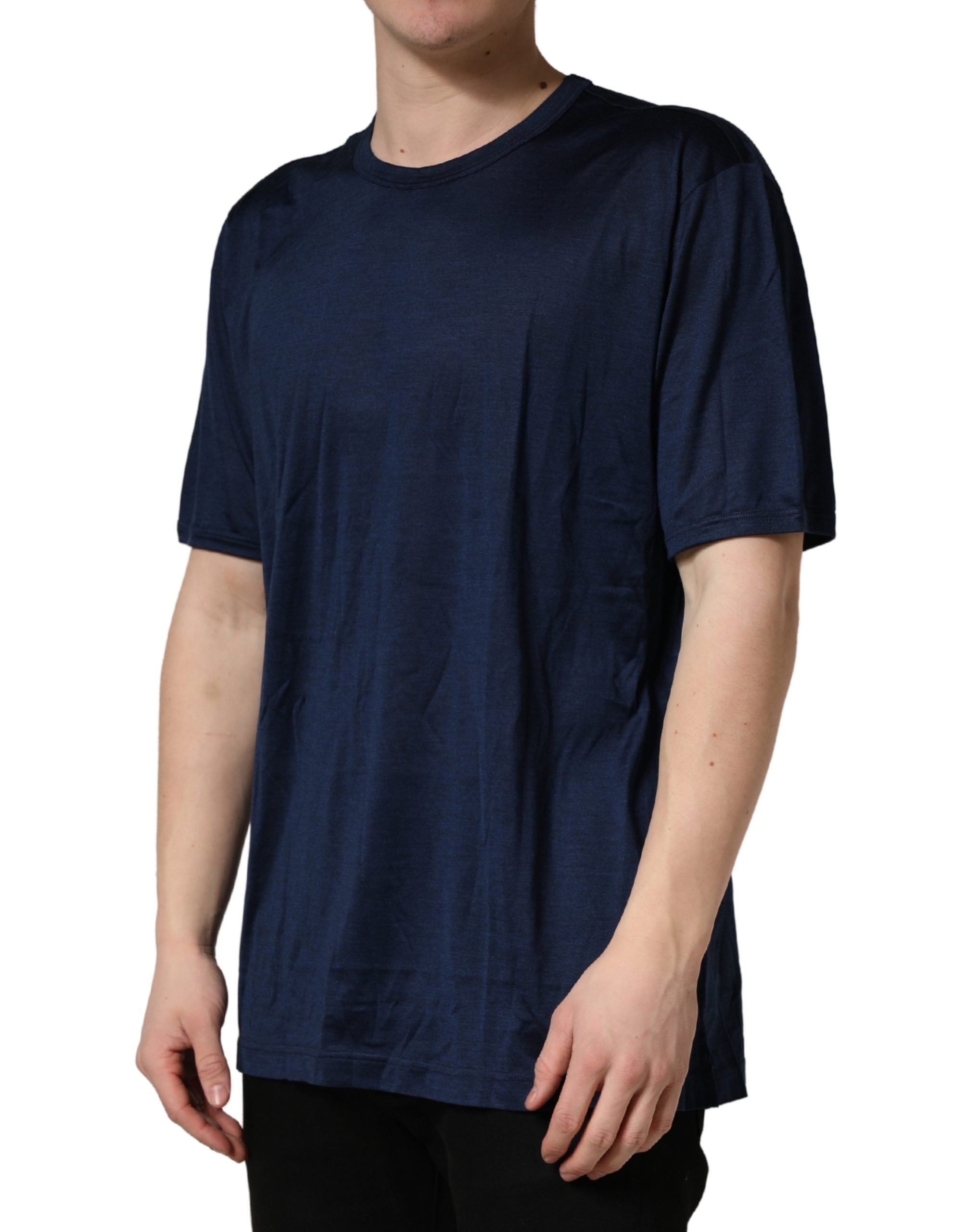 Dolce & Gabbana Dark Blue Silk Short Sleeve CrewNeck Men's T-shirt