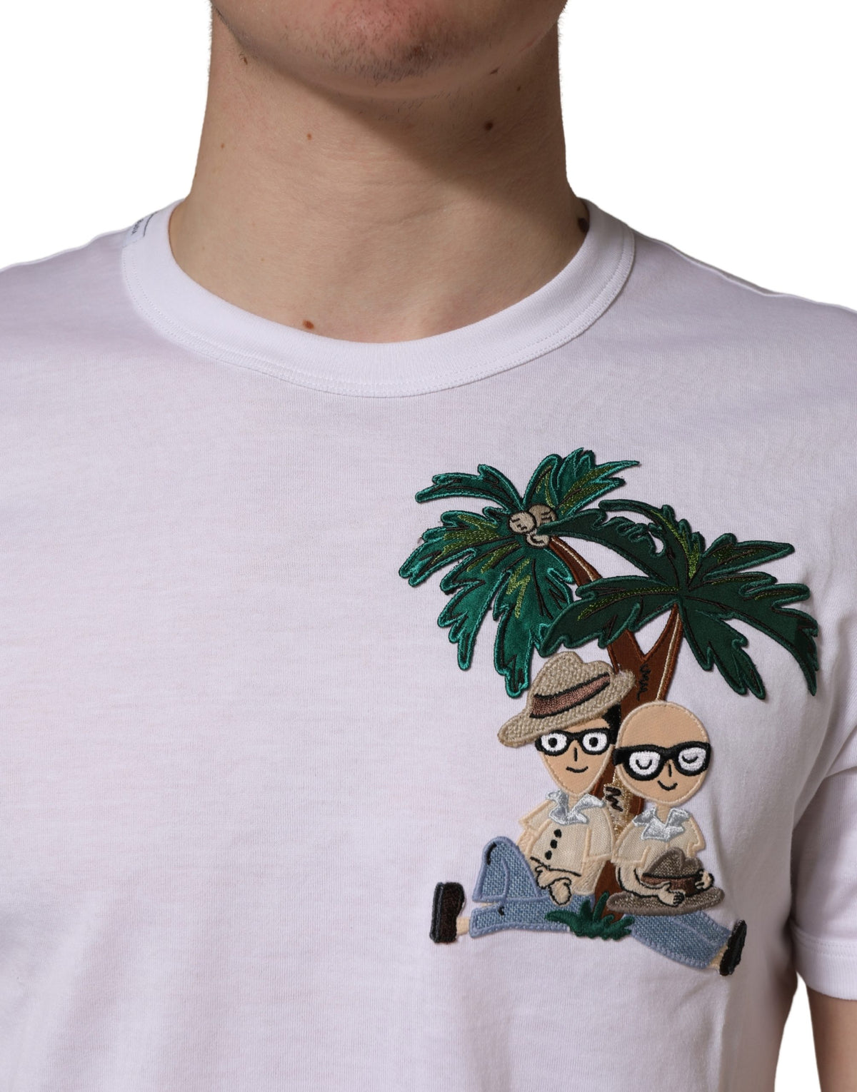 Dolce & Gabbana White Palm Embroidered Men Crew Neck Men's T-shirt