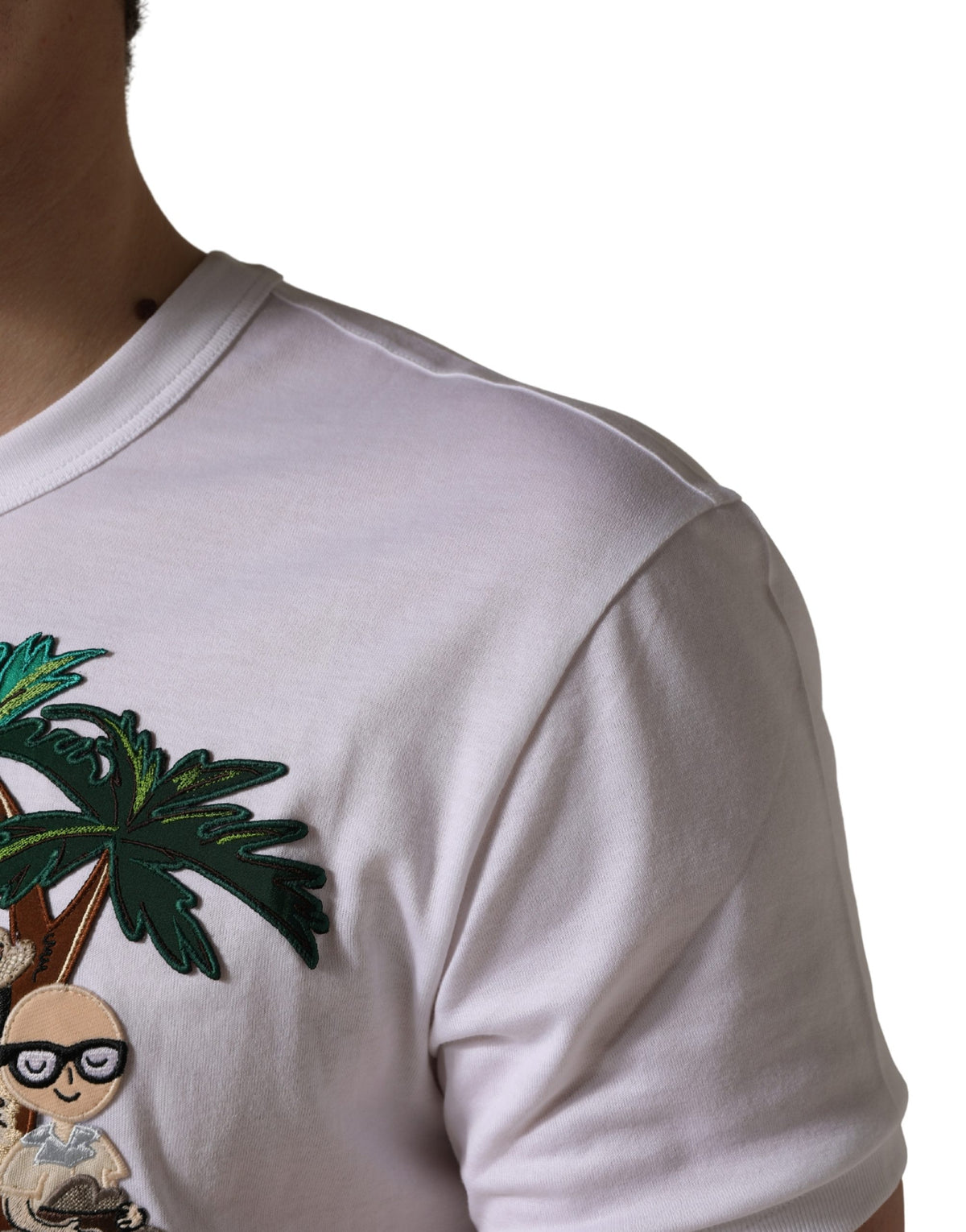 Dolce & Gabbana White Palm Embroidered Men Crew Neck Men's T-shirt