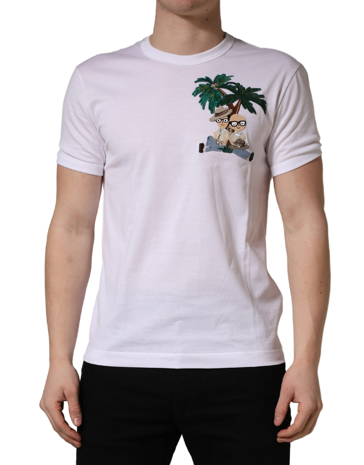 Dolce & Gabbana White Palm Embroidered Men Crew Neck Men's T-shirt