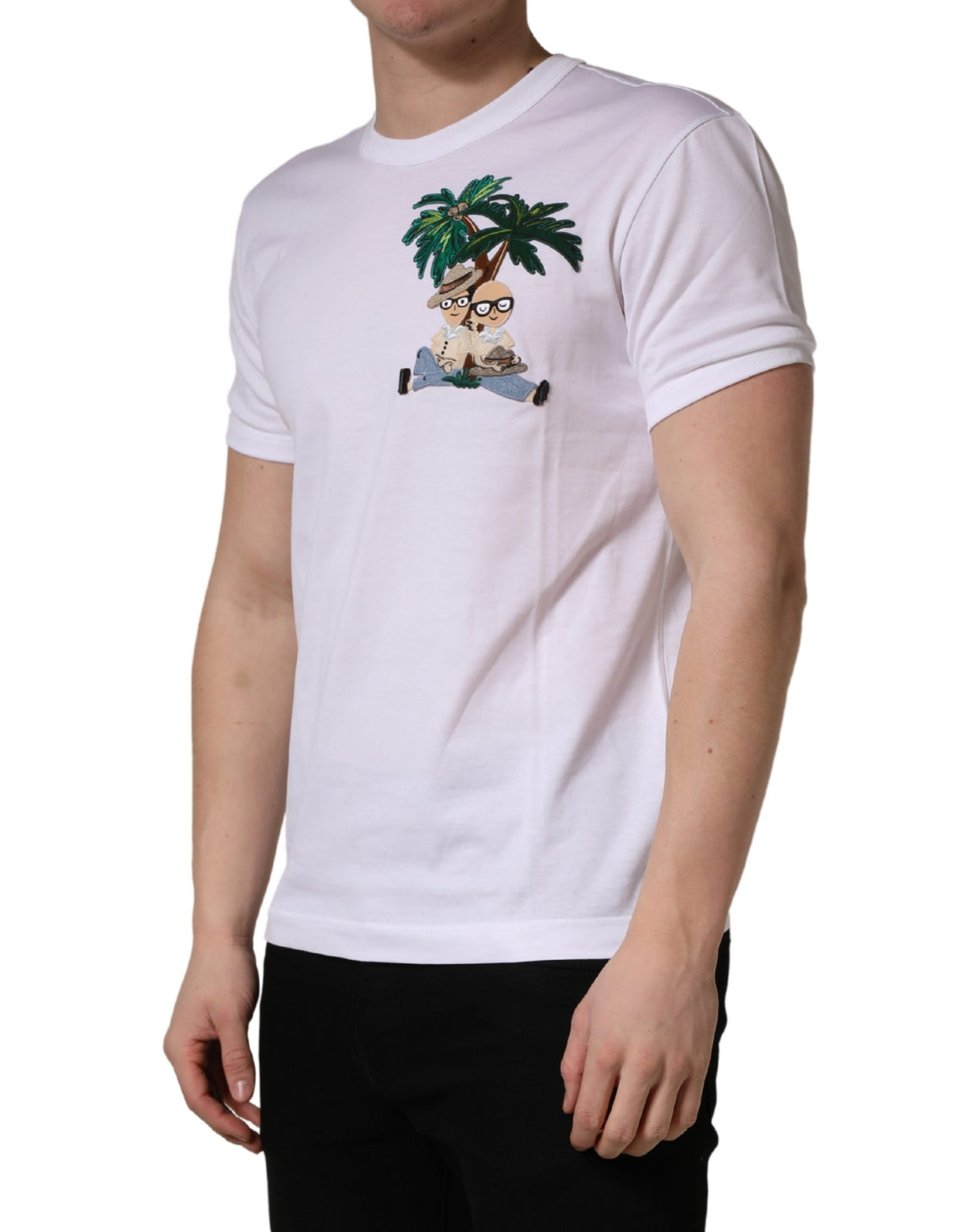 Dolce & Gabbana White Palm Embroidered Men Crew Neck Men's T-shirt