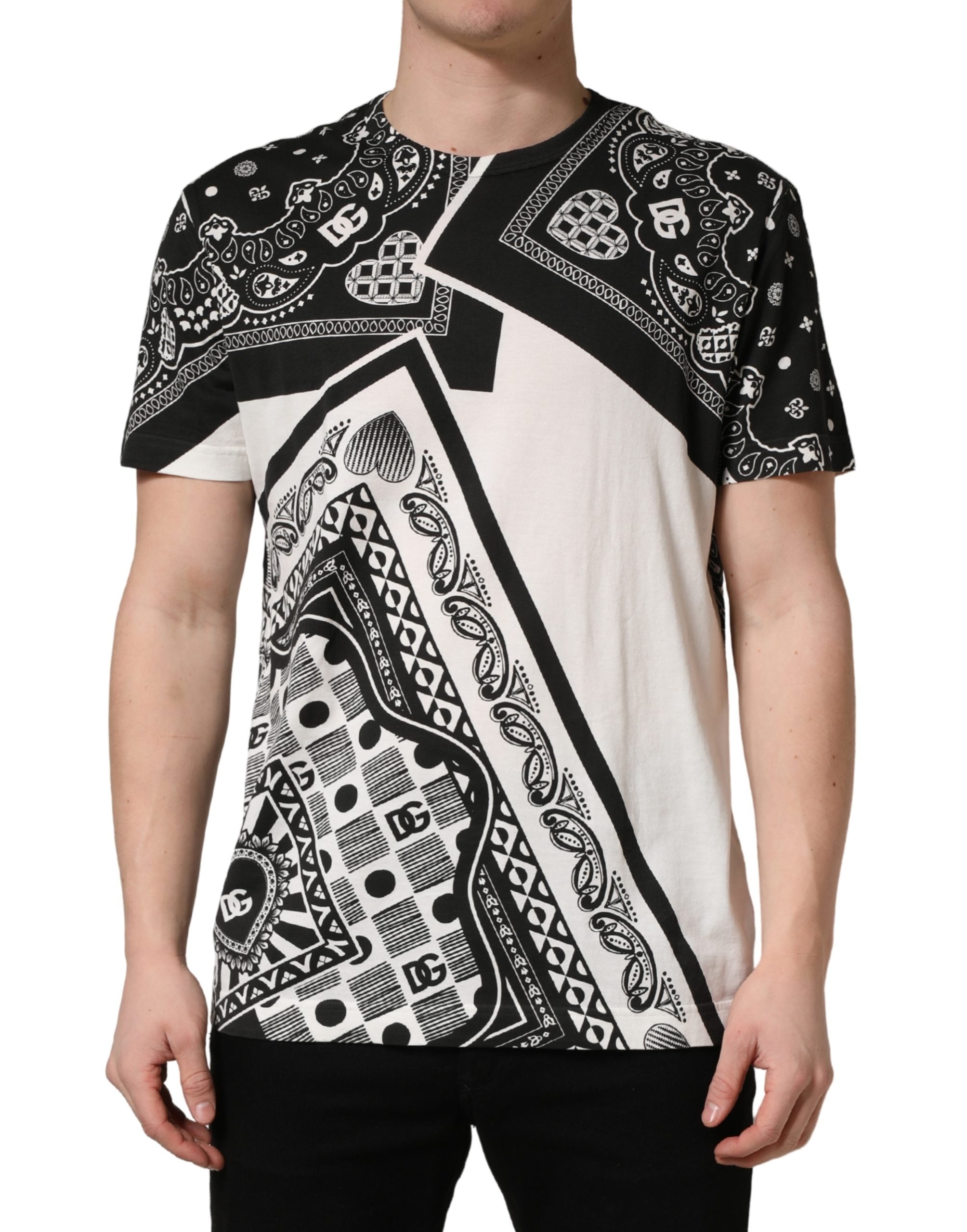 Dolce & Gabbana Black White Bandana Cotton Crew Neck Men's T-shirt
