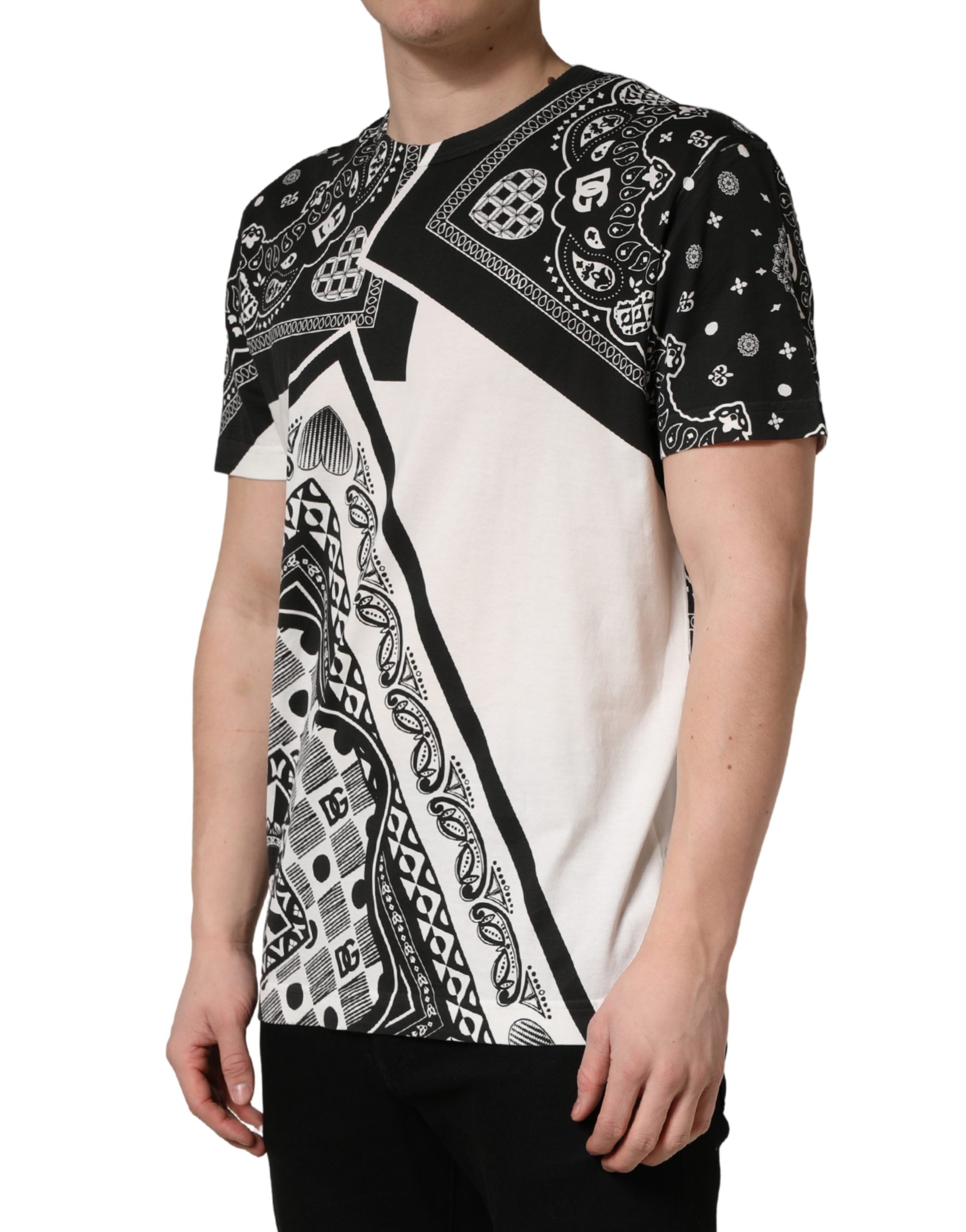 Dolce & Gabbana Black White Bandana Cotton Crew Neck Men's T-shirt