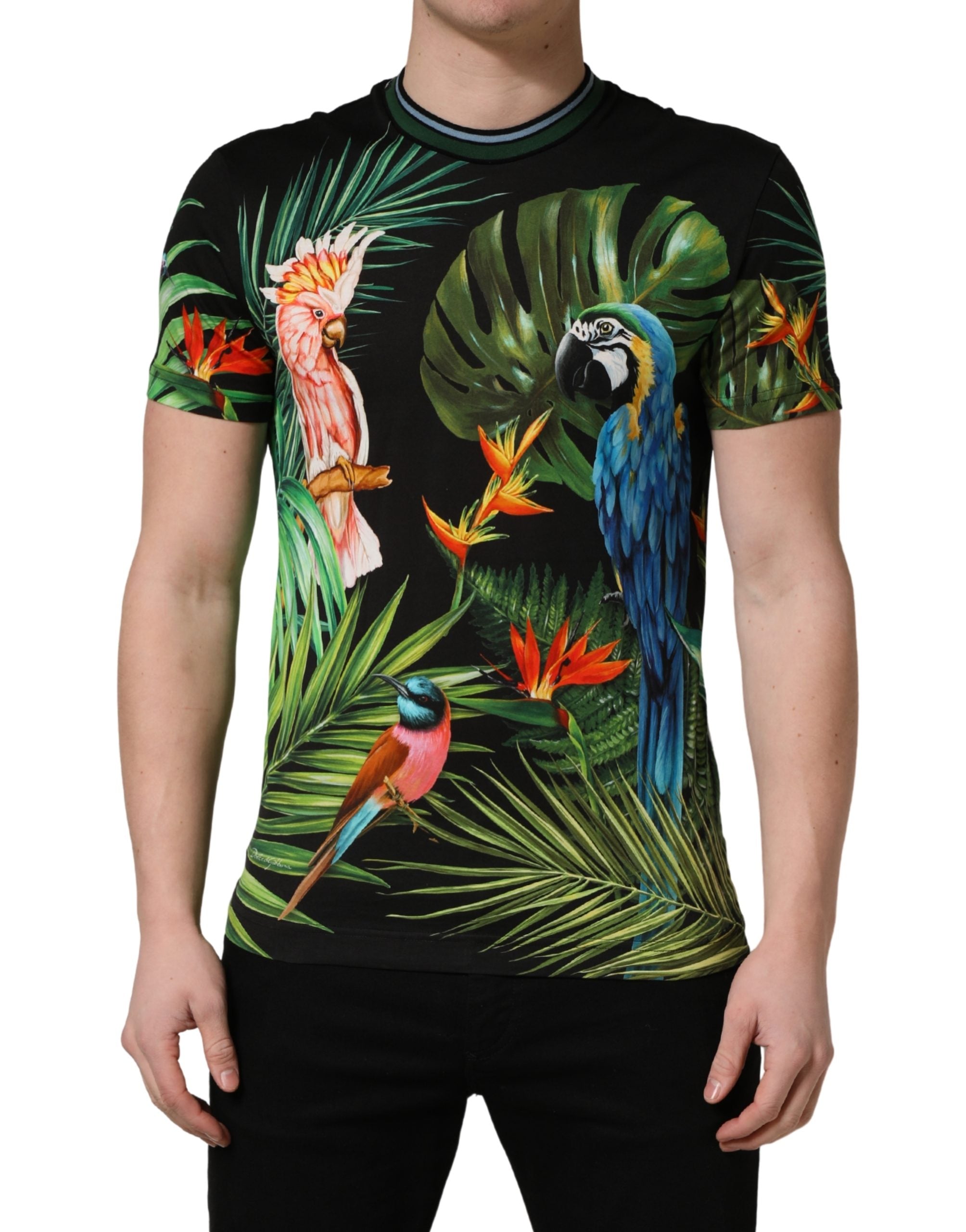 Dolce & Gabbana Black Bird Print Cotton Men Crew Neck Men's T-shirt