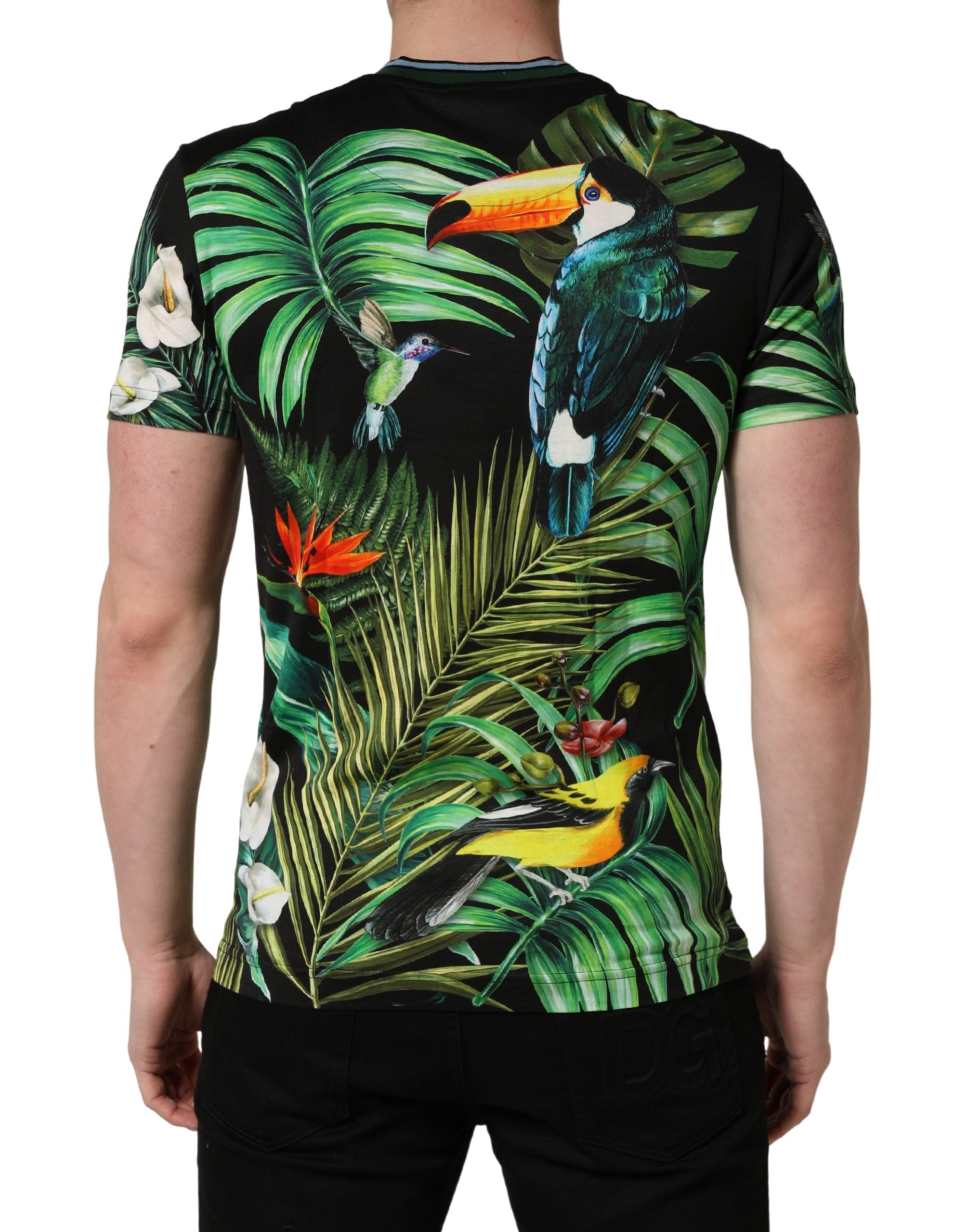 Dolce & Gabbana Black Bird Print Cotton Men Crew Neck Men's T-shirt