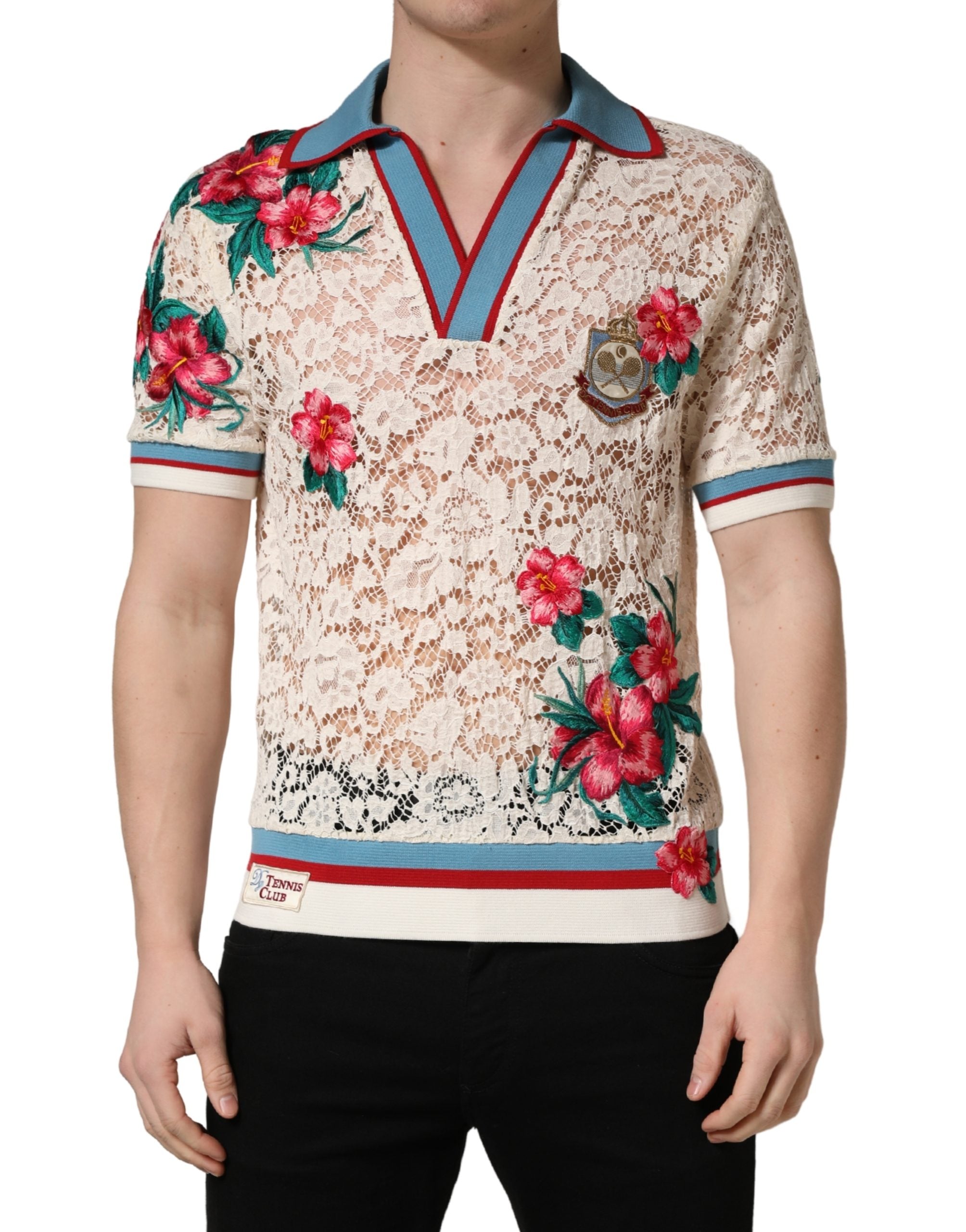 Dolce & Gabbana Beige Floral Tennis Club Lace Polo Men's T-shirt
