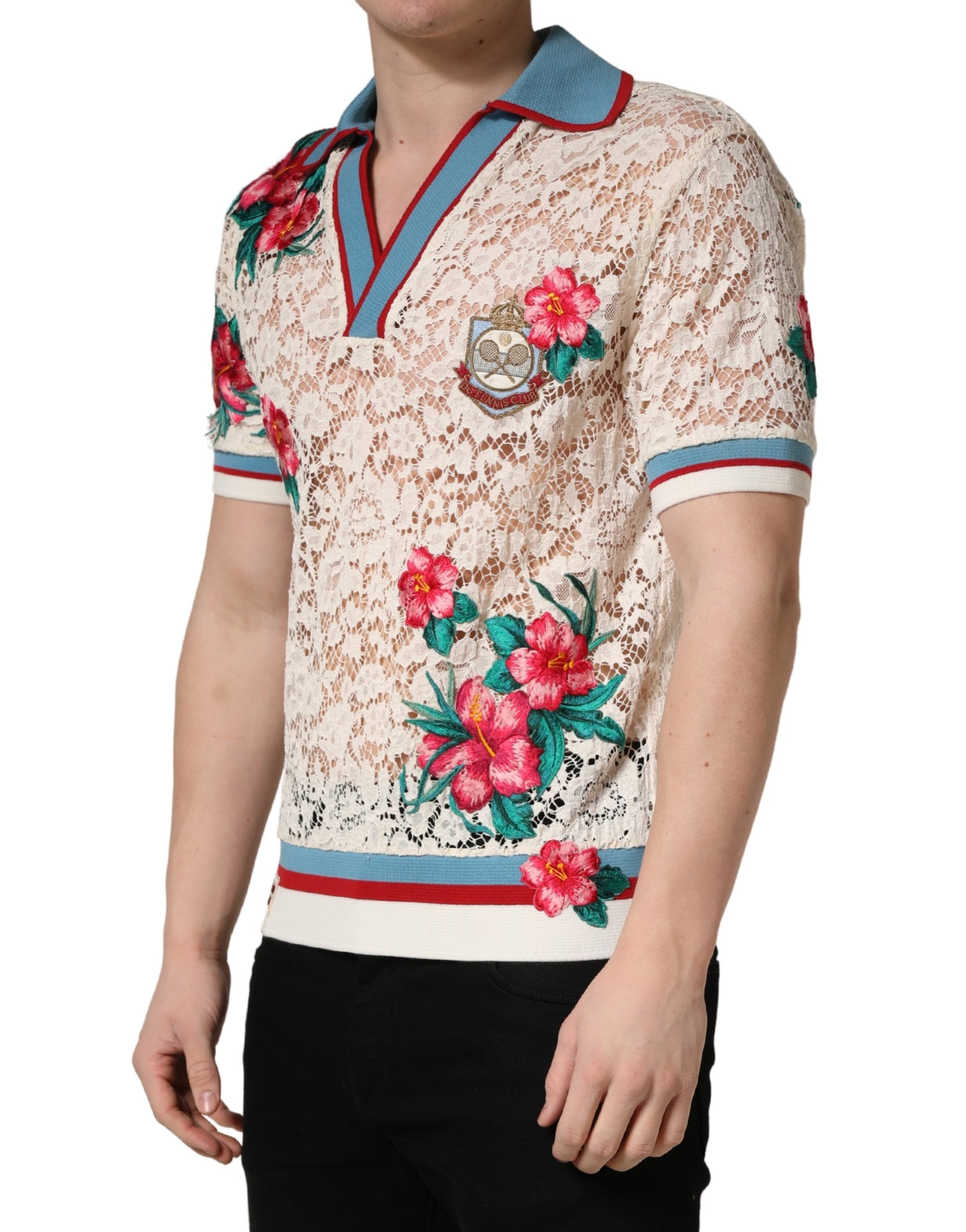 Dolce & Gabbana Beige Floral Tennis Club Lace Polo Men's T-shirt