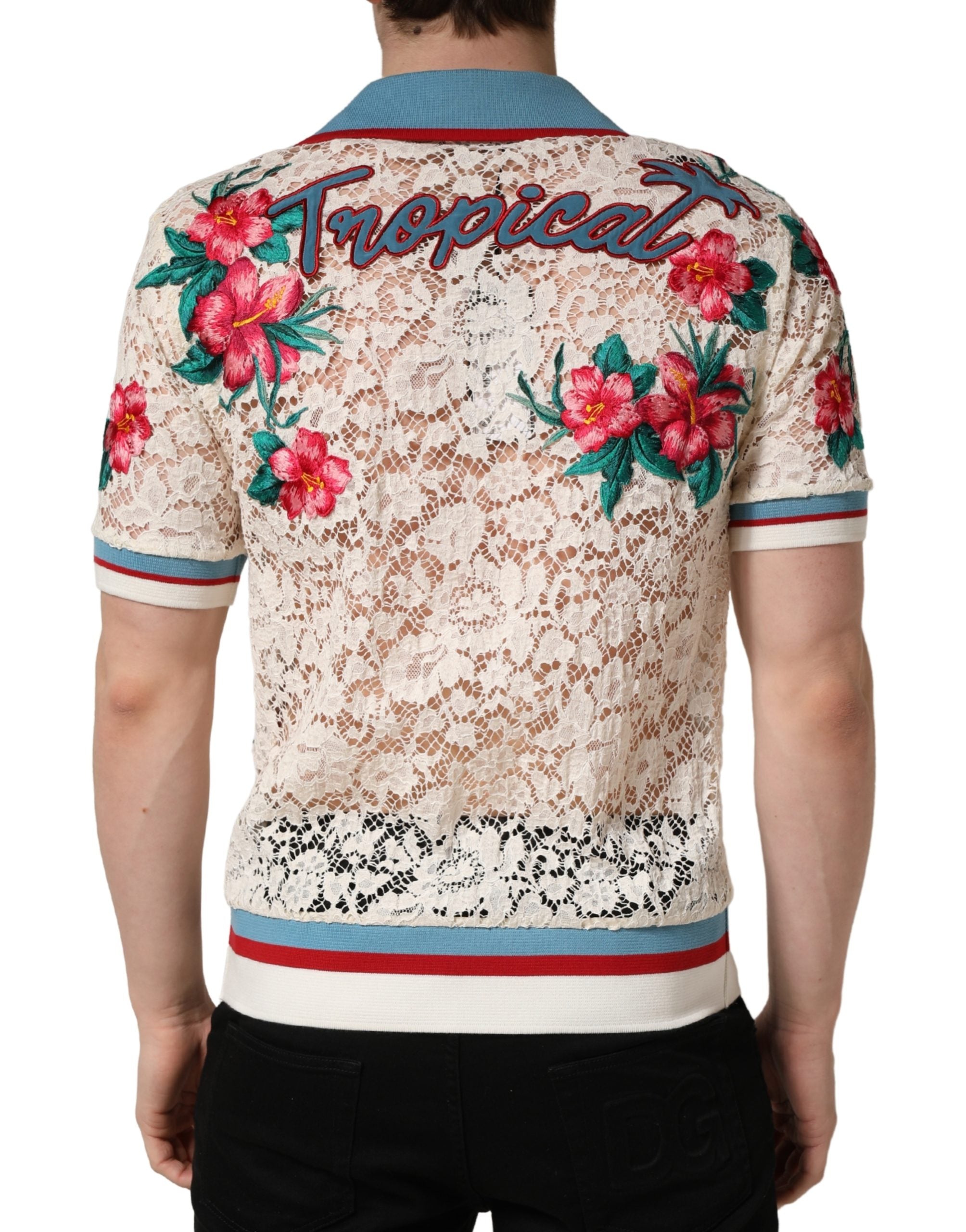 Dolce & Gabbana Beige Floral Tennis Club Lace Polo Men's T-shirt
