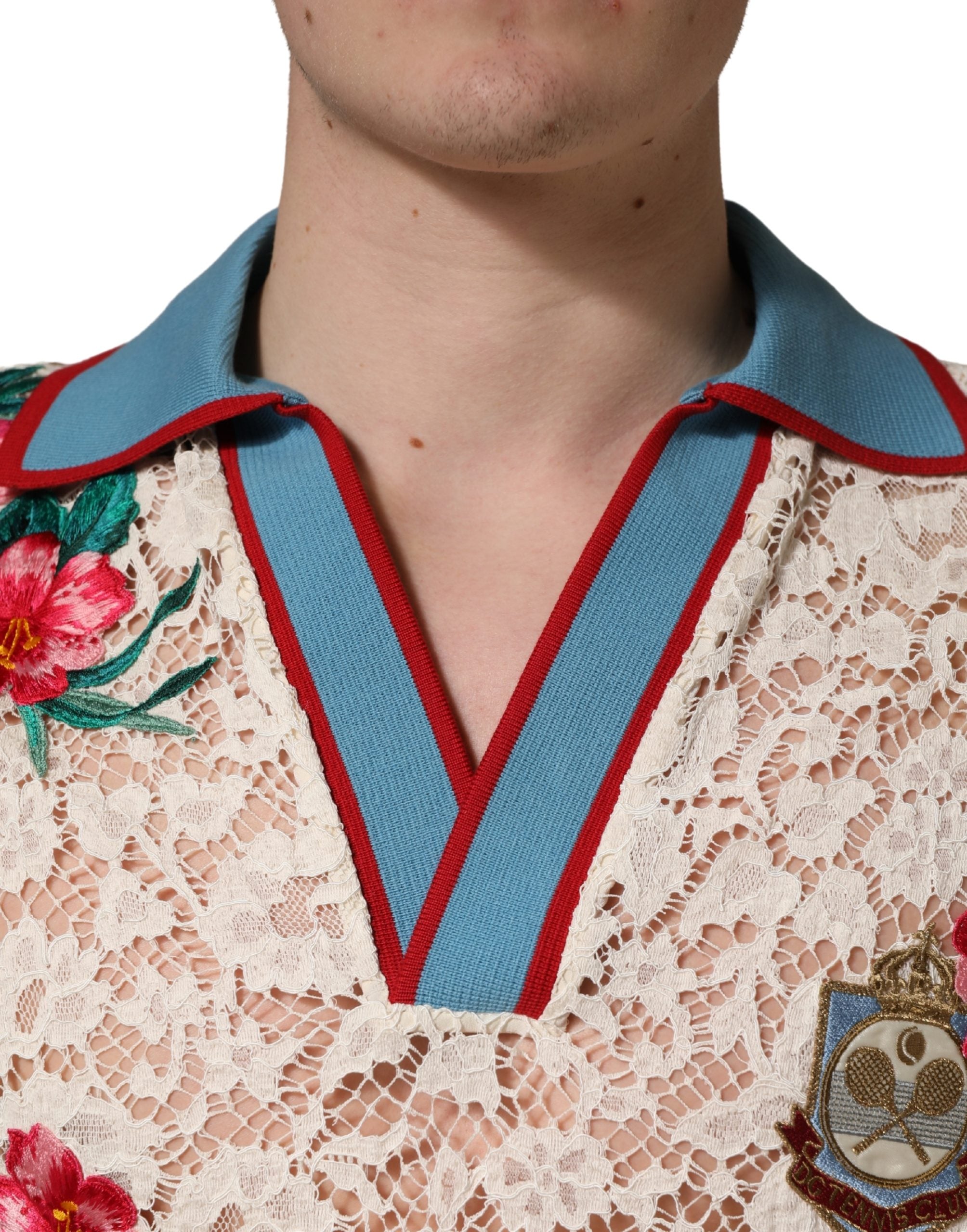 Dolce & Gabbana Beige Floral Tennis Club Lace Polo Men's T-shirt