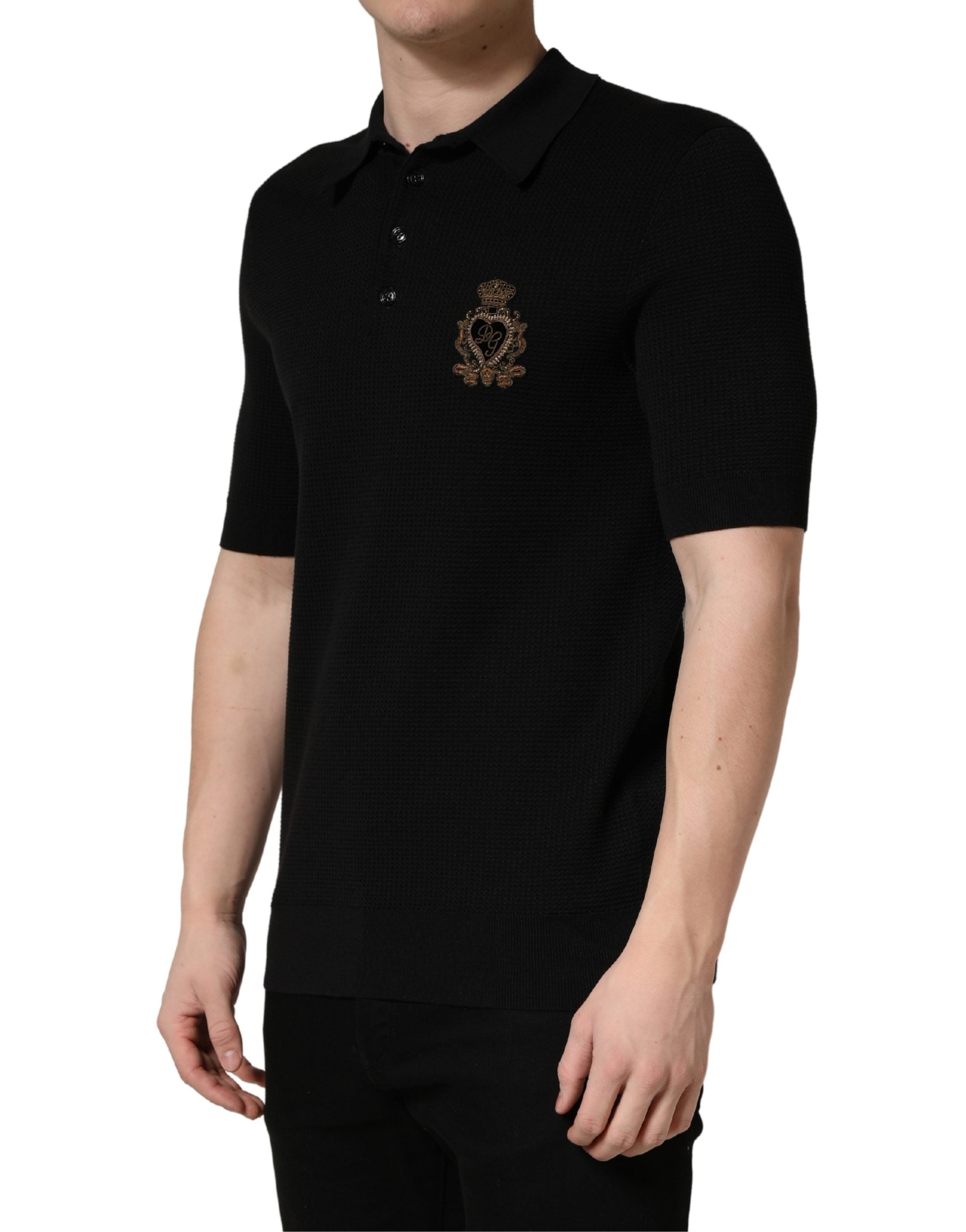 Dolce & Gabbana Black Heraldic Crest Patch Silk Polo Men's T-shirt