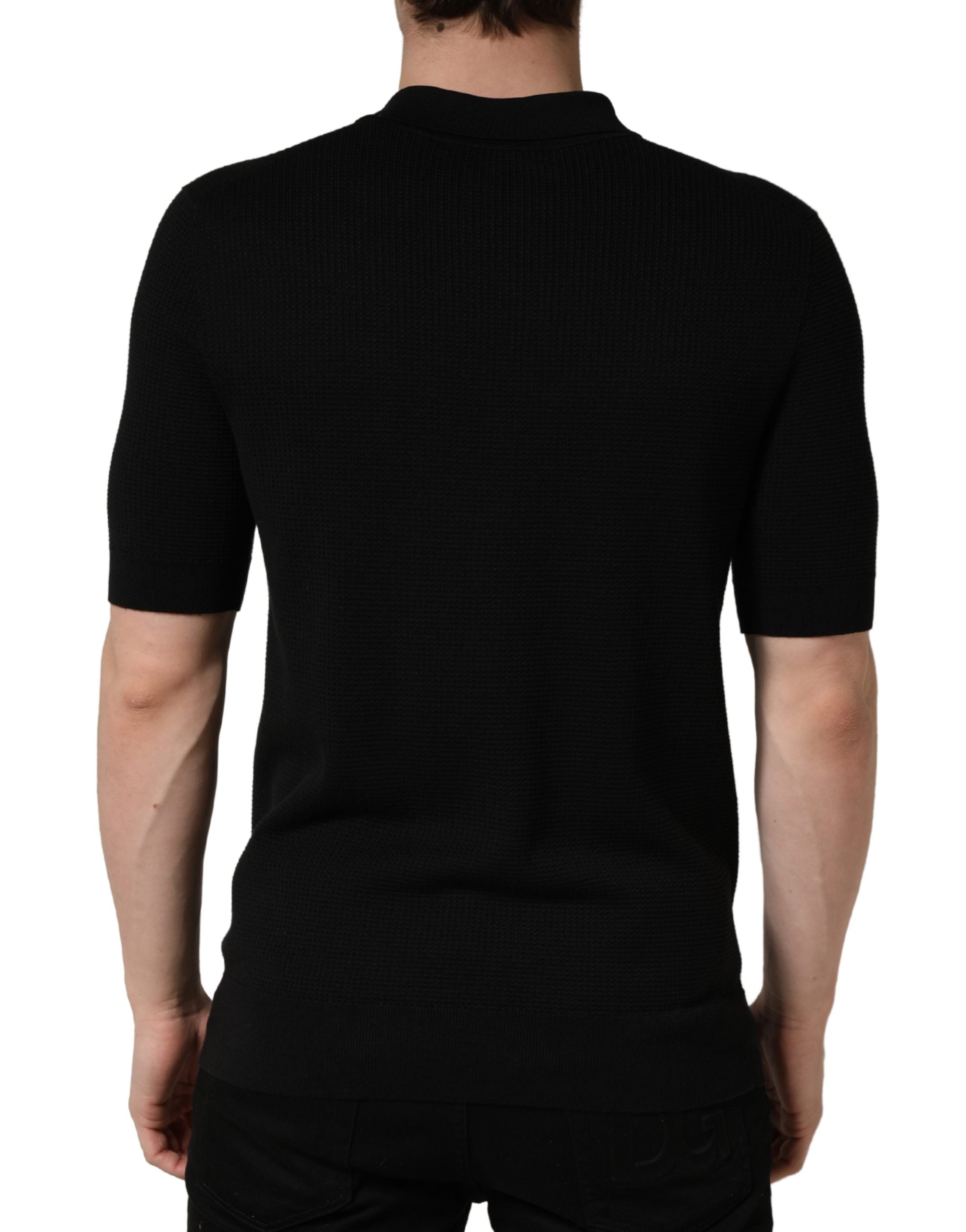 Dolce & Gabbana Black Heraldic Crest Patch Silk Polo Men's T-shirt