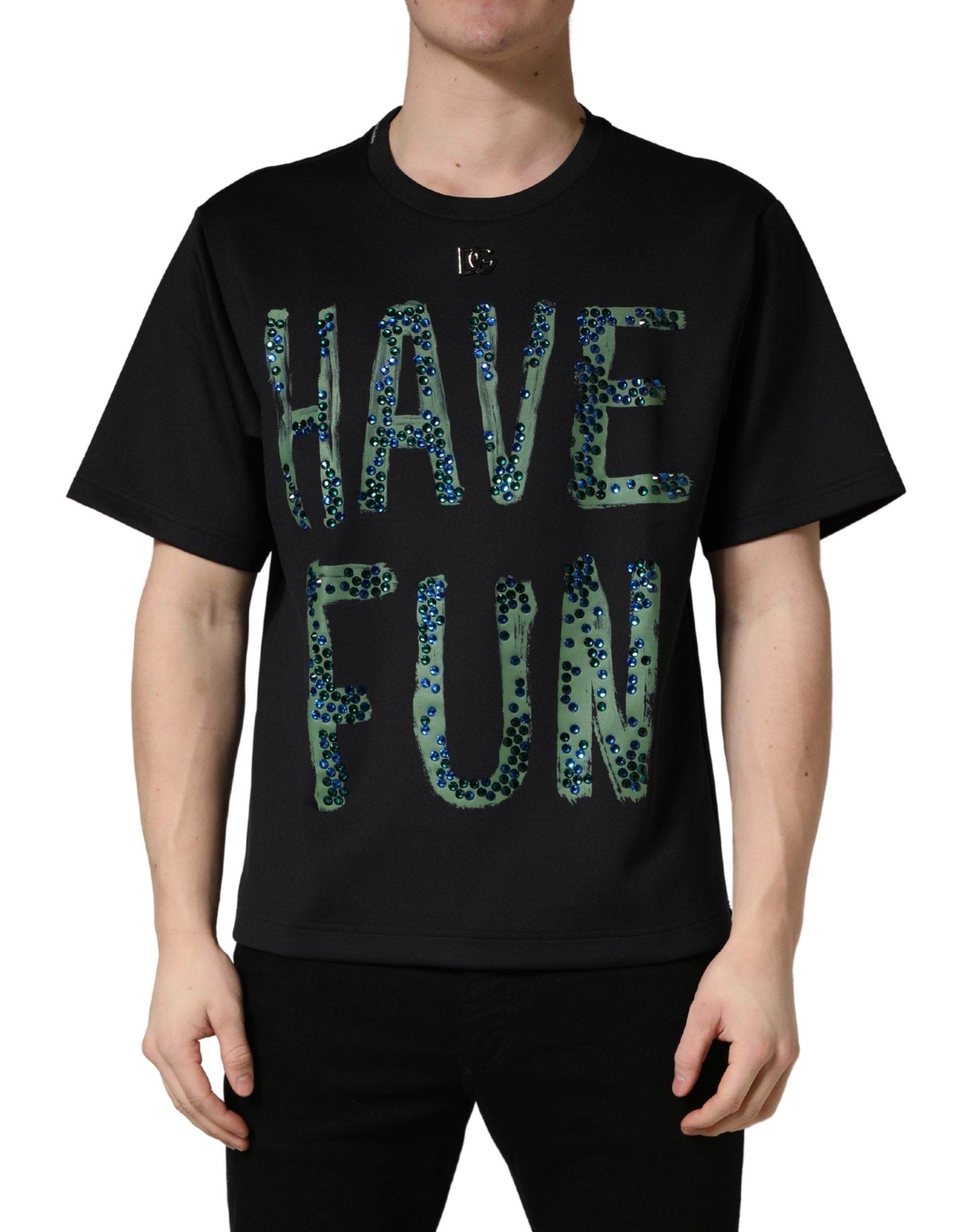 Dolce & Gabbana Black Have Fun Embellished Crew Neck Men's T-shirt