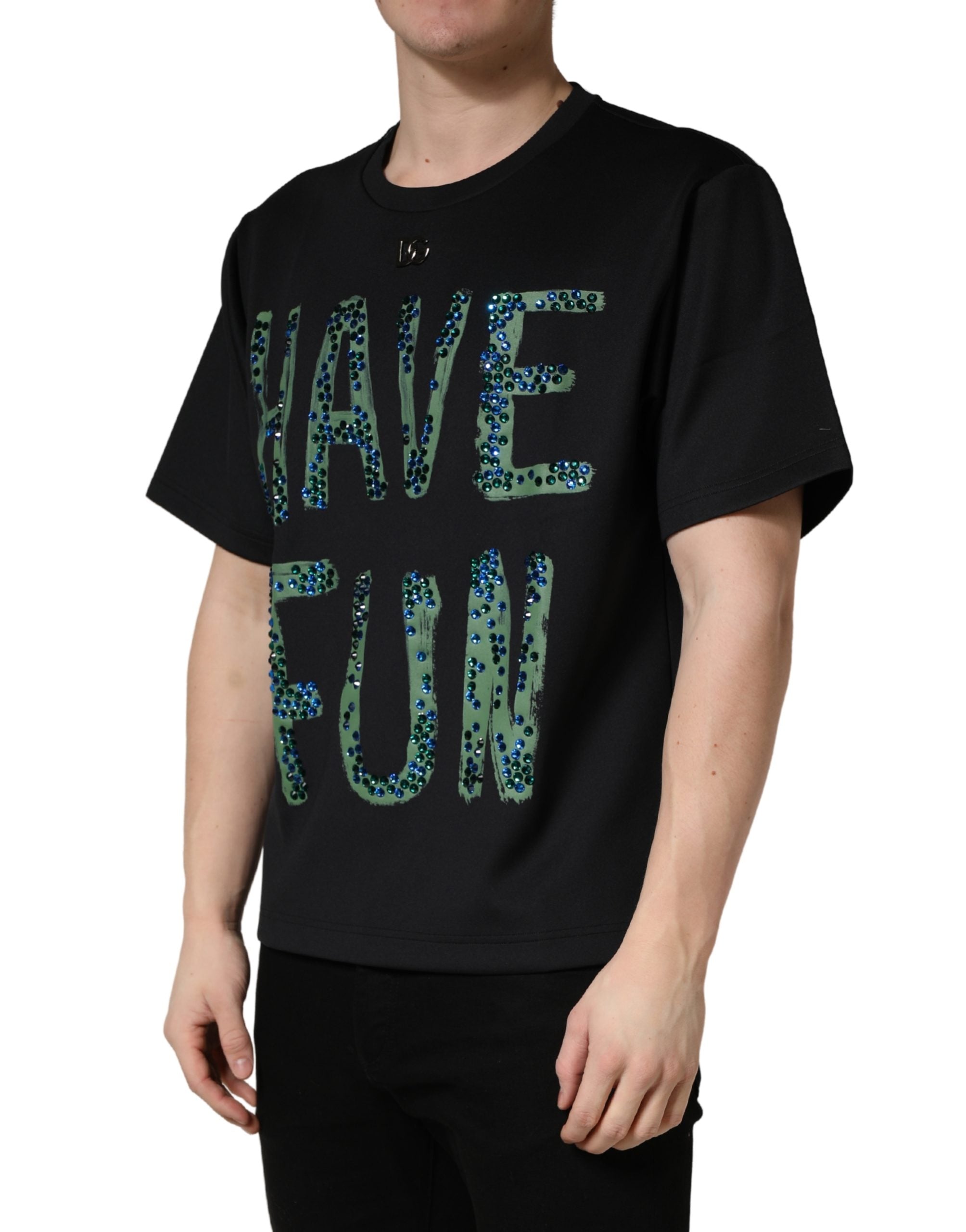 Dolce & Gabbana Black Have Fun Embellished Crew Neck Men's T-shirt