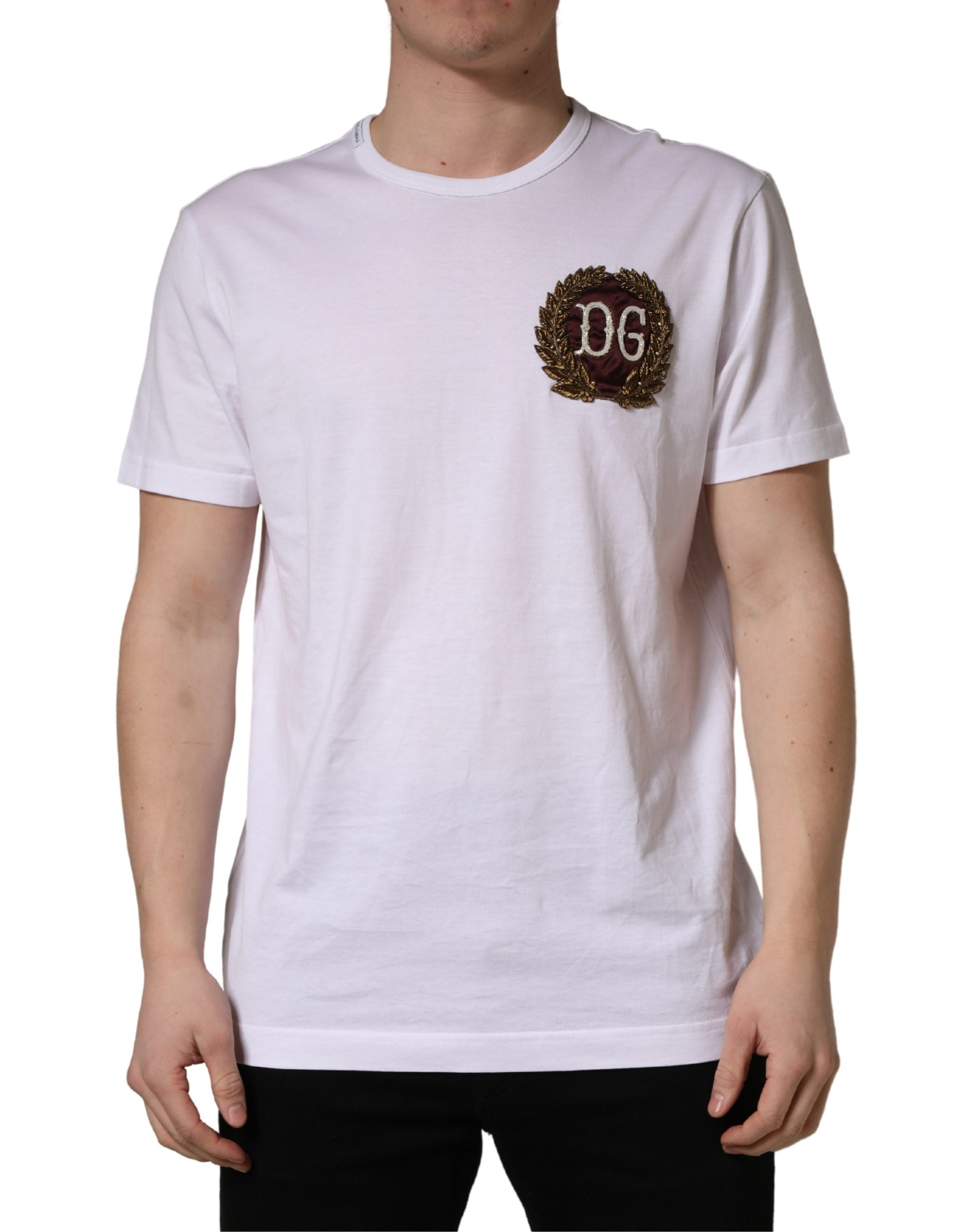 Dolce & Gabbana White DG Leaf Embroidery Crew Neck Men's T-shirt