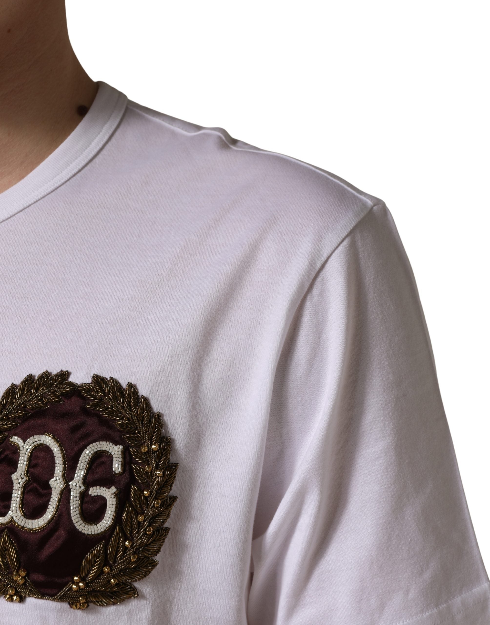 Dolce & Gabbana White DG Leaf Embroidery Crew Neck Men's T-shirt