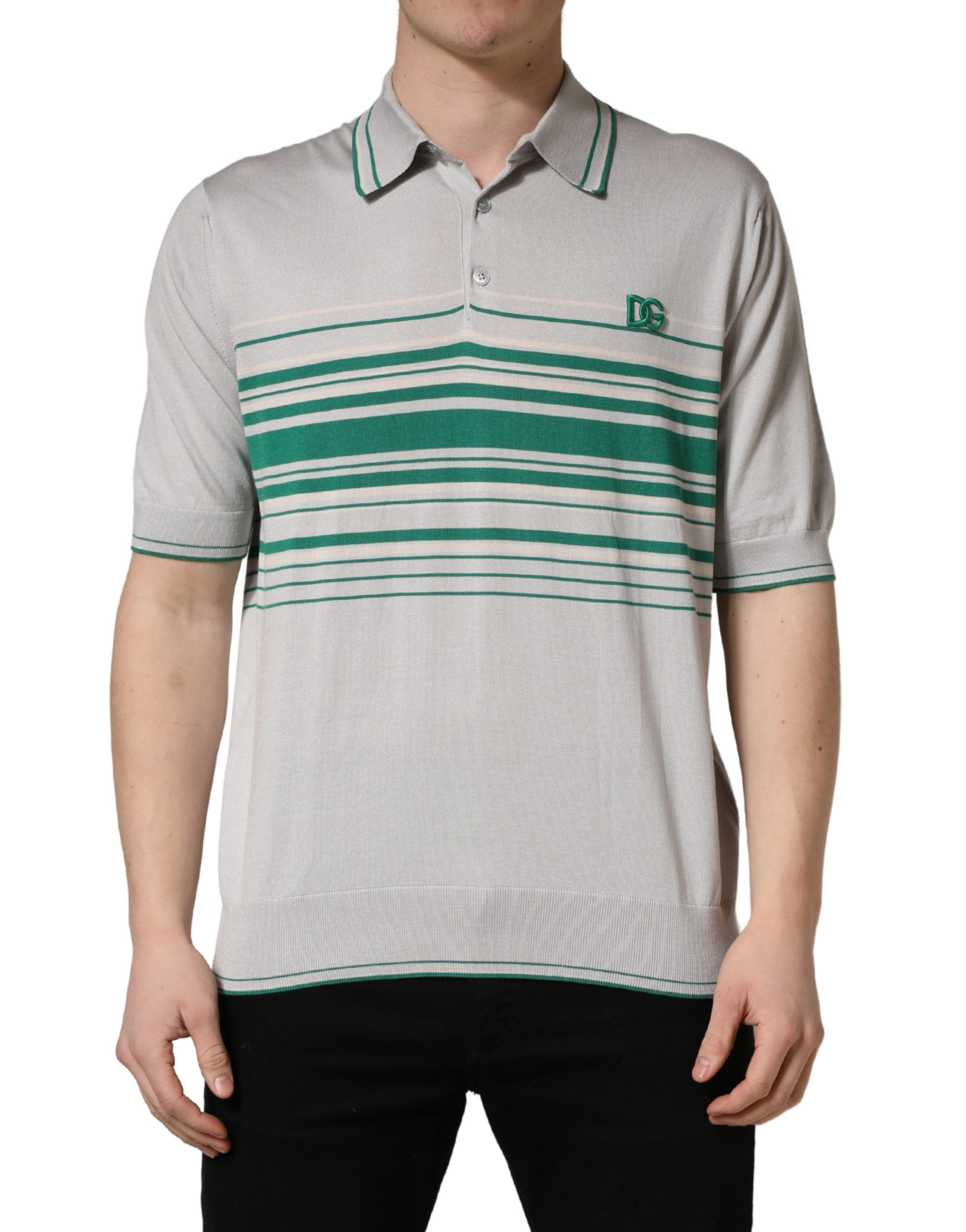 Dolce & Gabbana Gray Green Striped Logo Silk Polo Men's T-shirt