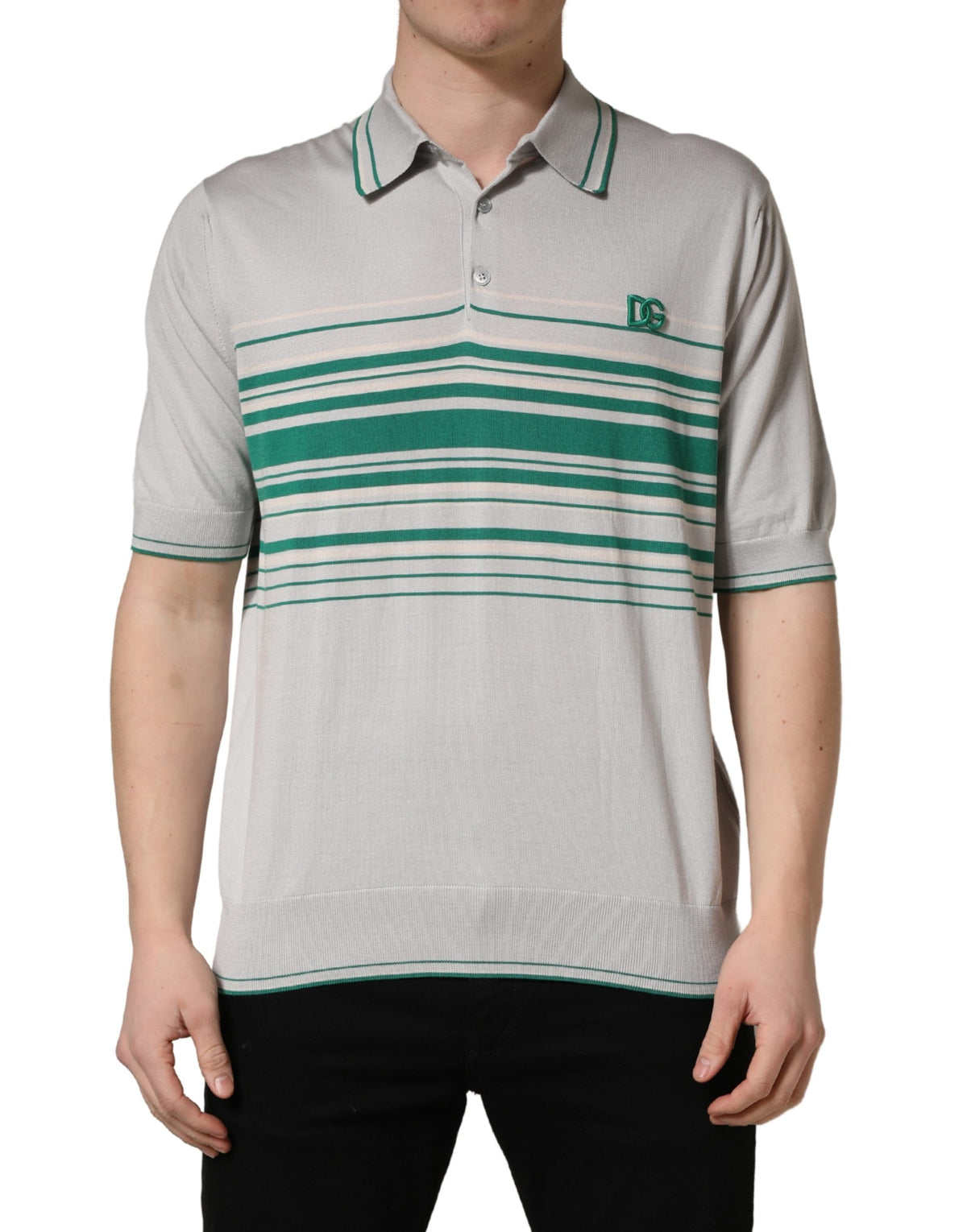 Dolce & Gabbana Gray Green Striped Logo Silk Polo Men's T-shirt
