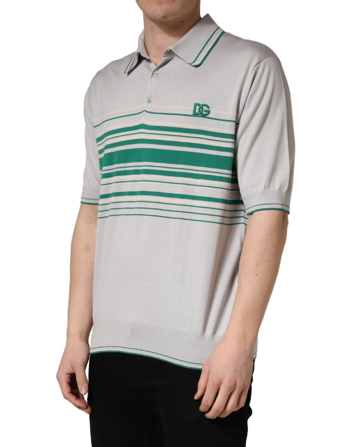 Dolce & Gabbana Gray Green Striped Logo Silk Polo Men's T-shirt