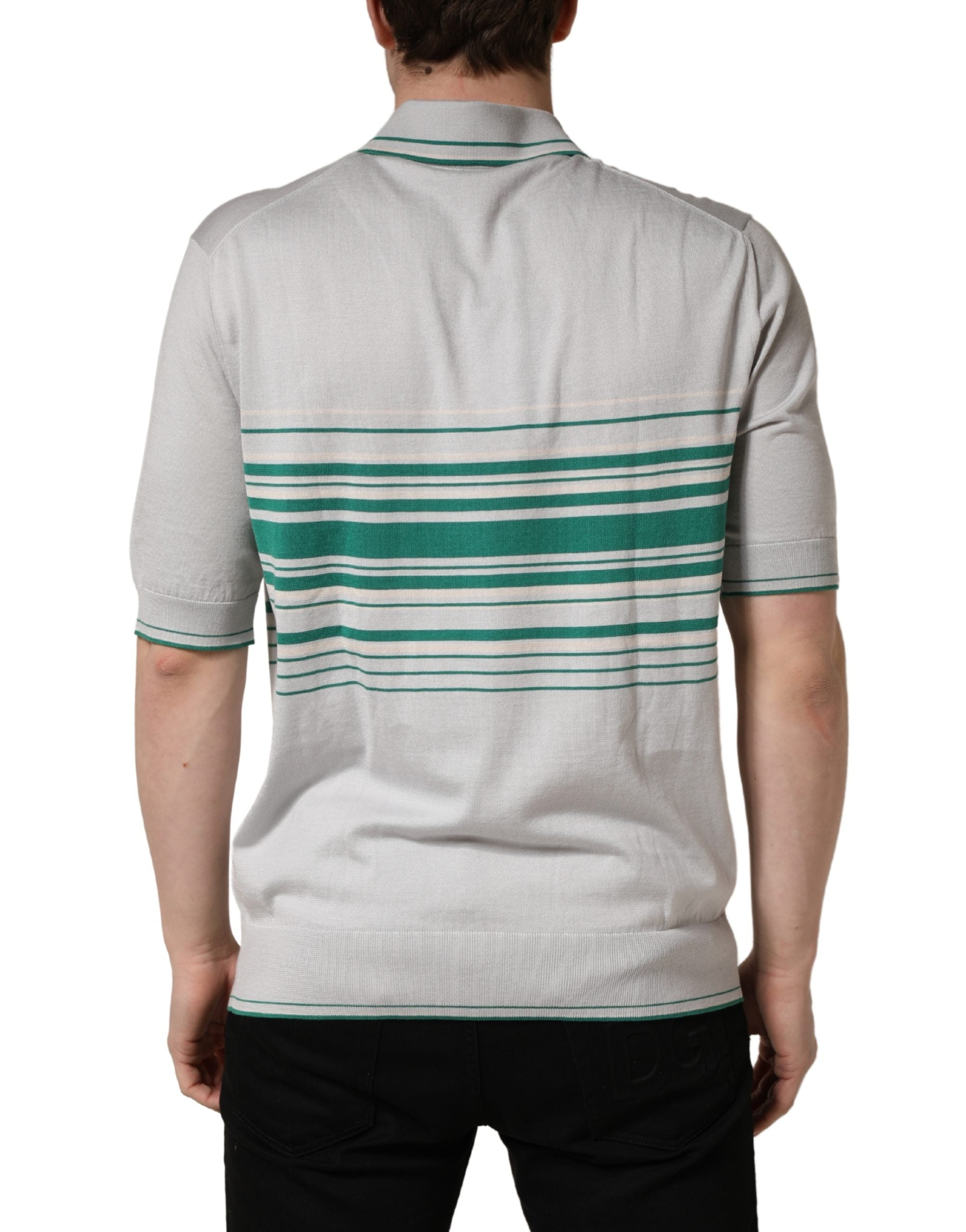 Dolce & Gabbana Gray Green Striped Logo Silk Polo Men's T-shirt