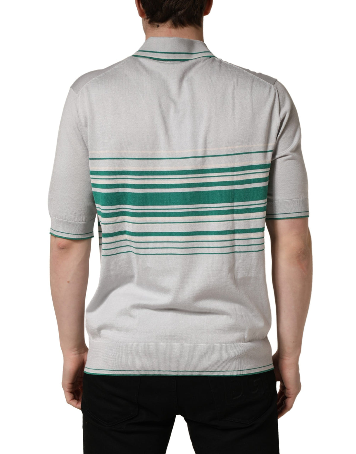 Dolce & Gabbana Gray Green Striped Logo Silk Polo Men's T-shirt