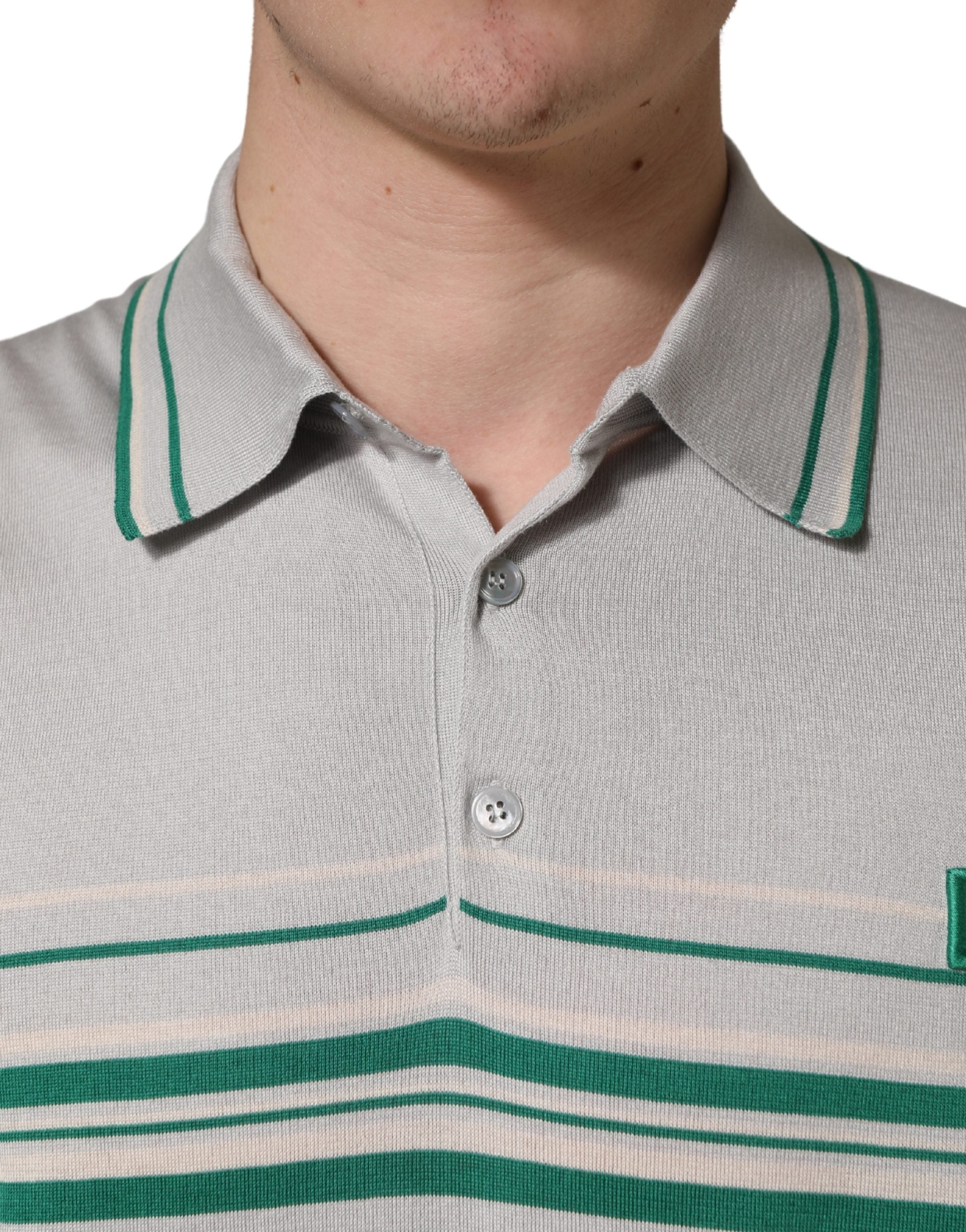Dolce & Gabbana Gray Green Striped Logo Silk Polo Men's T-shirt
