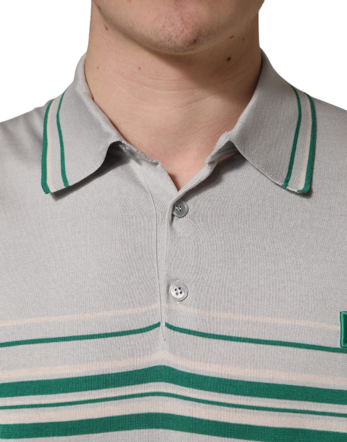 Dolce & Gabbana Gray Green Striped Logo Silk Polo Men's T-shirt