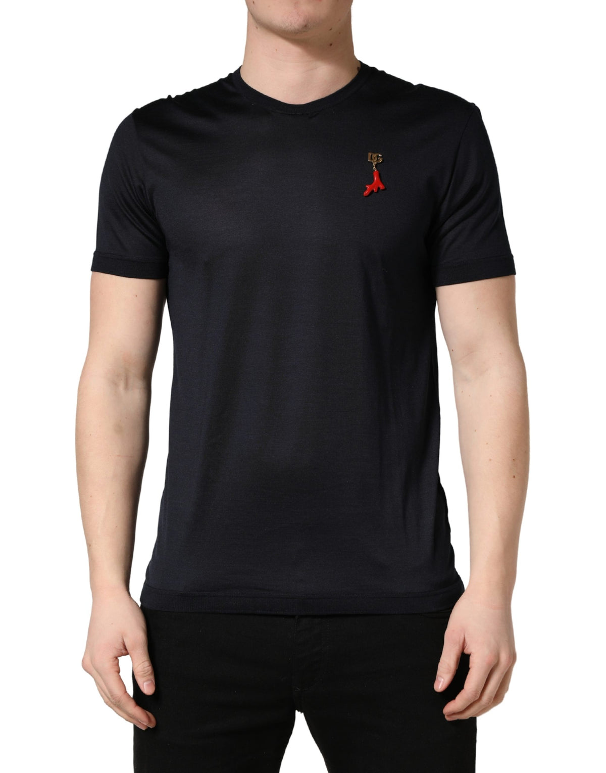 Dolce & Gabbana Dark Blue DG Logo Silk Men Crew Neck Men's T-shirt (Pre-Owned)
