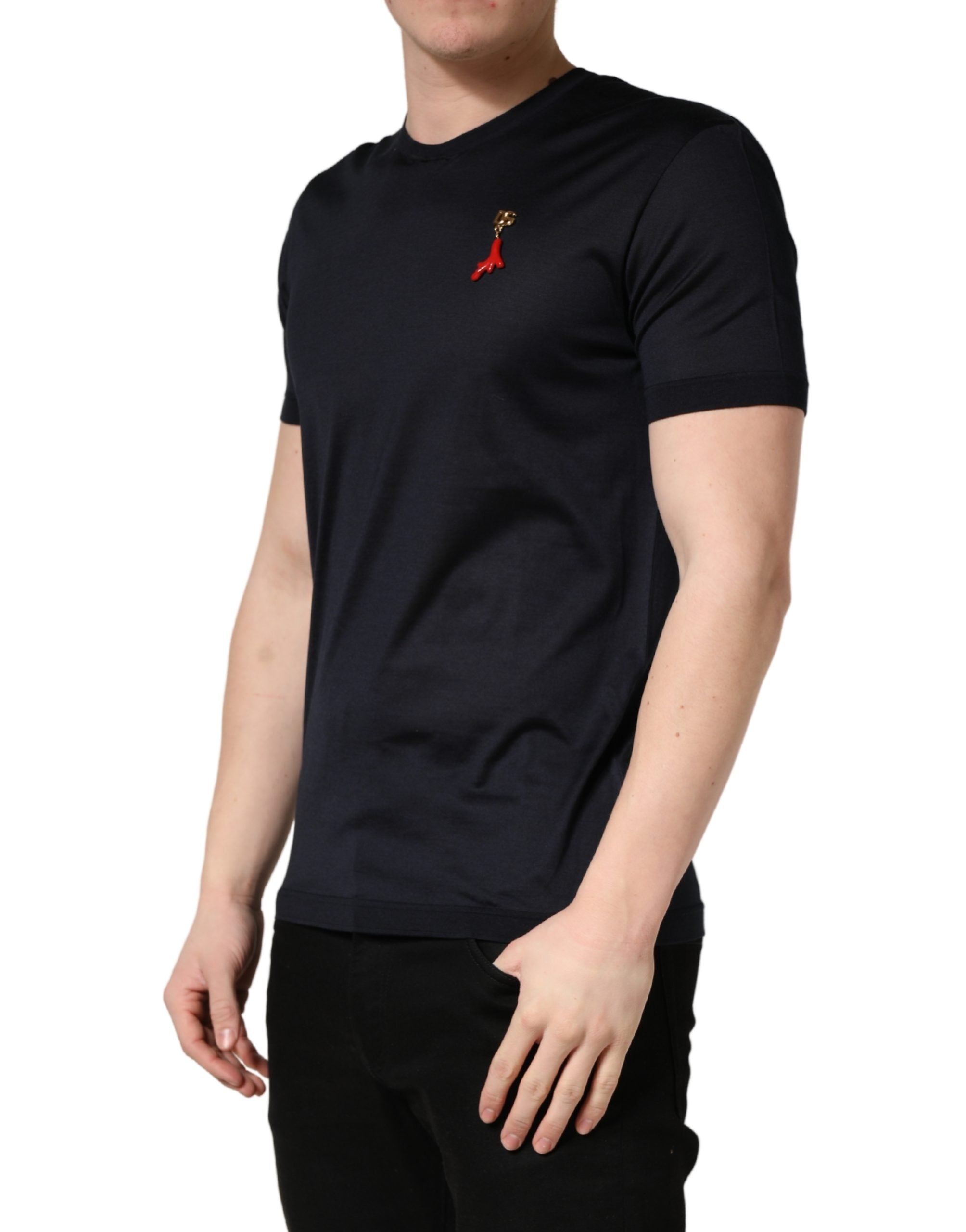 Dolce & Gabbana Dark Blue DG Logo Silk Men Crew Neck Men's T-shirt (Pre-Owned)
