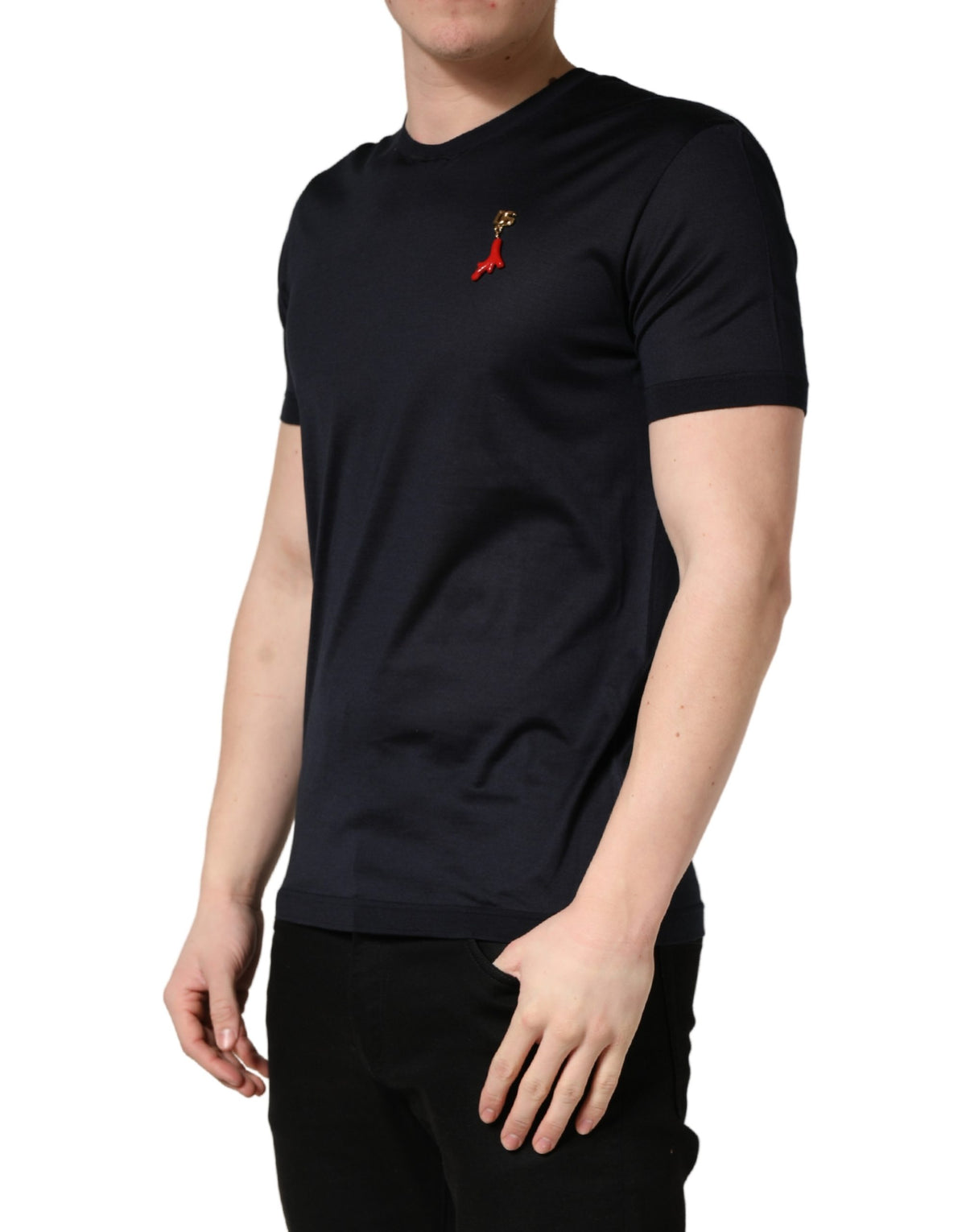 Dolce & Gabbana Dark Blue DG Logo Silk Men Crew Neck Men's T-shirt (Pre-Owned)