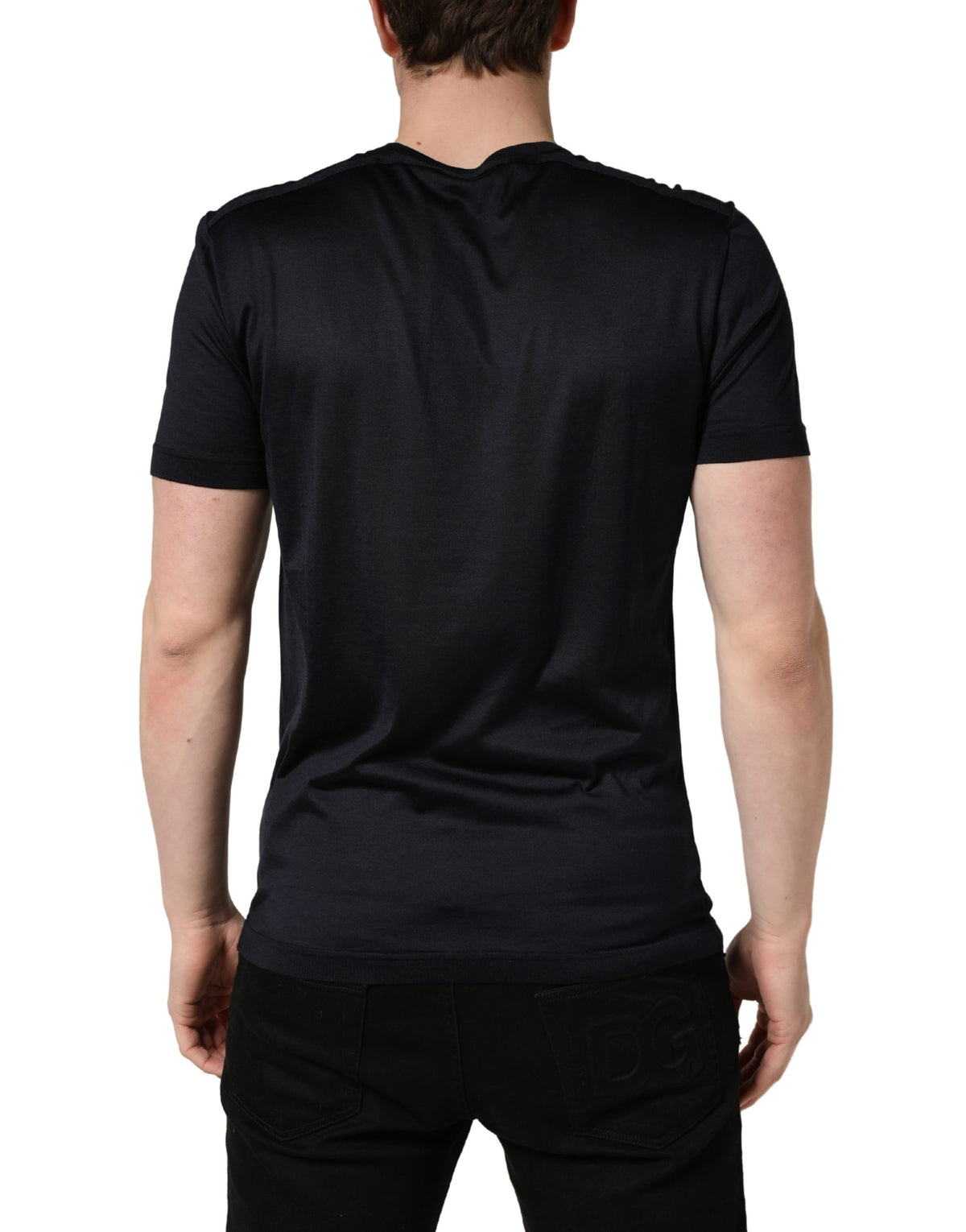Dolce & Gabbana Dark Blue DG Logo Silk Men Crew Neck Men's T-shirt (Pre-Owned)