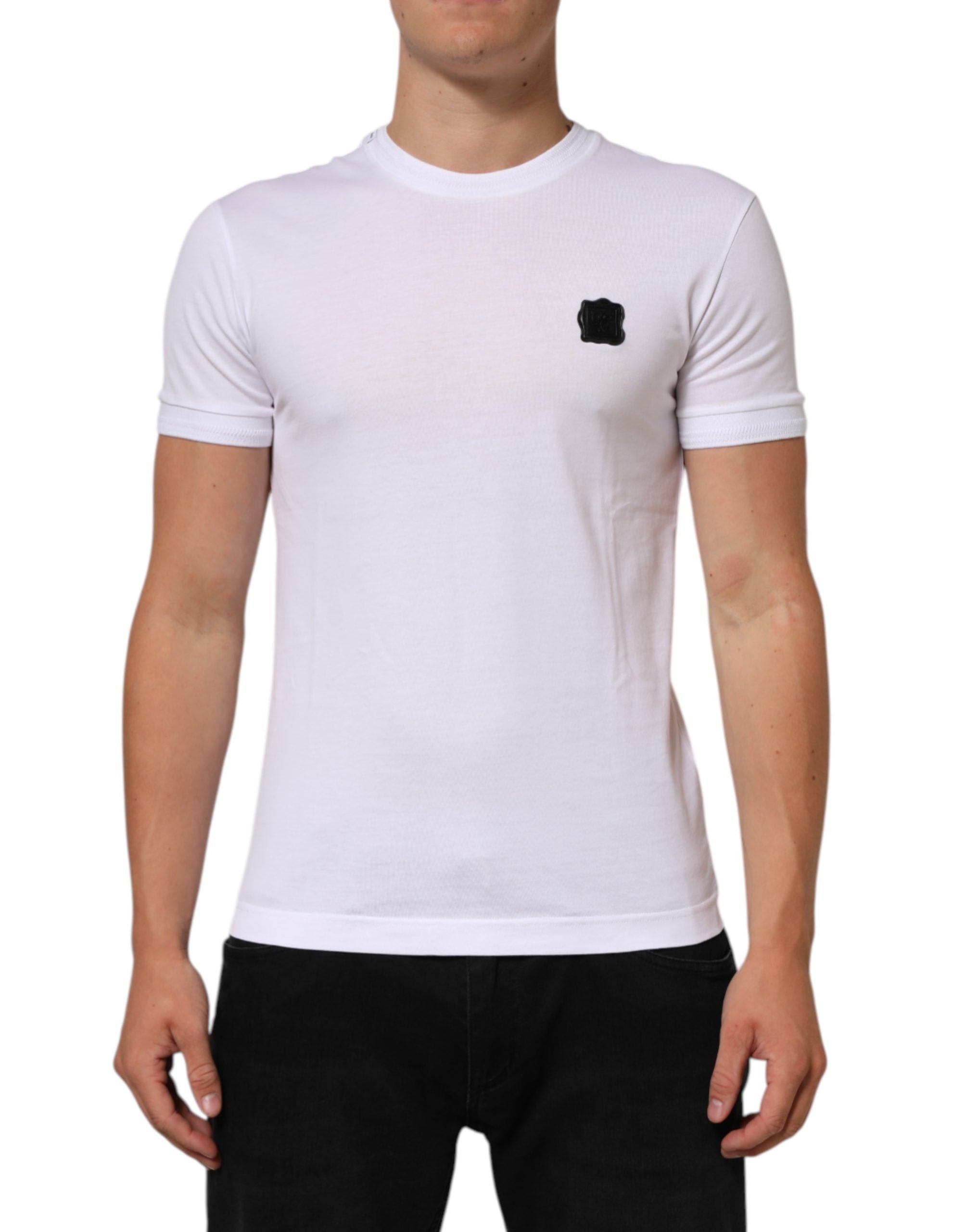 Dolce & Gabbana White Logo Patch Cotton Crew Neck Men's T-shirt