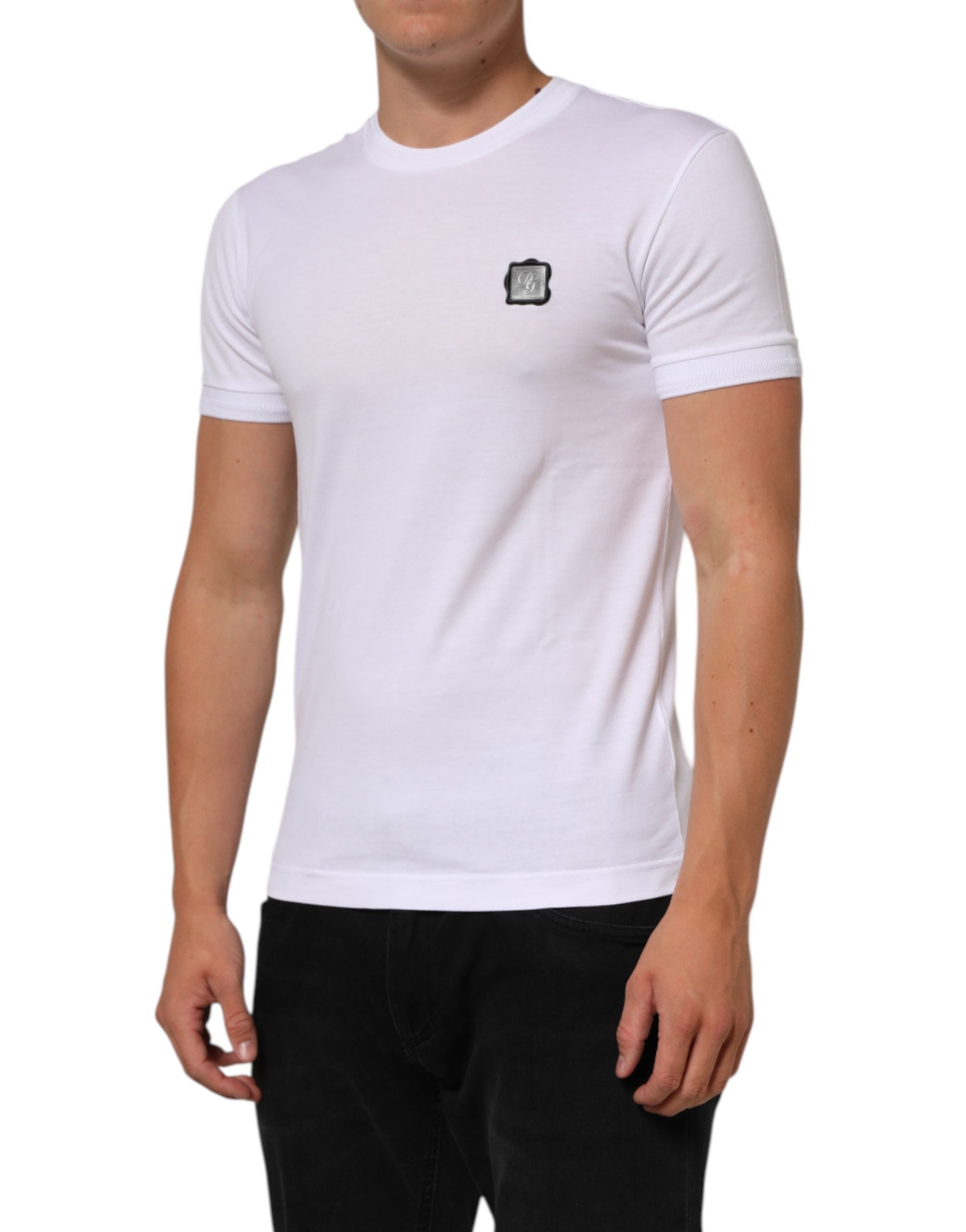 Dolce & Gabbana White Logo Patch Cotton Crew Neck Men's T-shirt